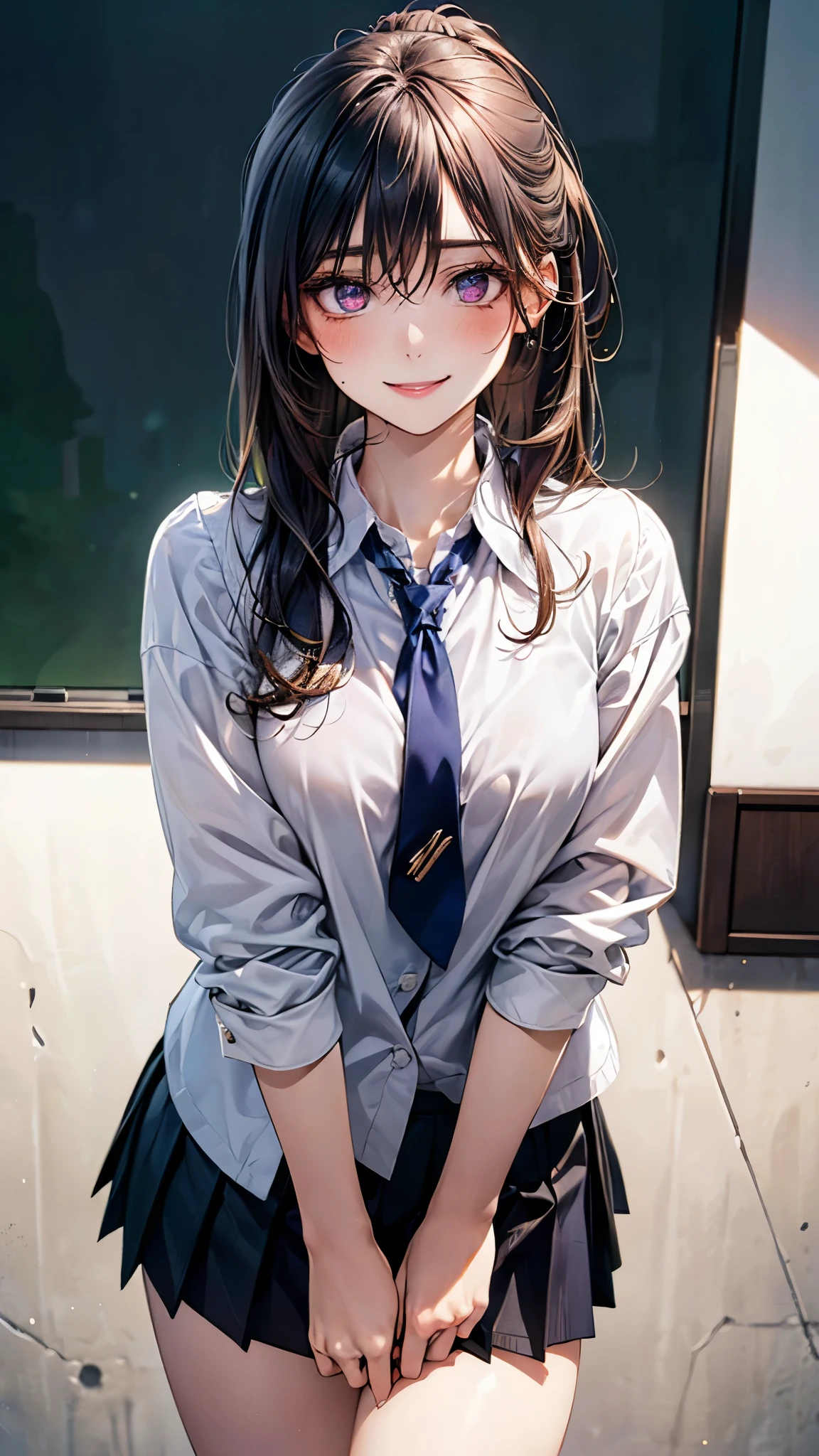 (masterpiece:1.2, top-quality), (realistic, photorealistic:1.4), beautiful illustration, (natural side lighting, movie lighting), nsfw, 
looking at viewer, 1 girl, japanese, high school girl, perfect face, cute and symmetrical face, shiny skin, 
(long hair:1.5, ponytail:1.4, black hair), hair between eyes, purple eyes, glowing eyes, big eyes, long eye lasher, (medium breasts), slender, 
beautiful hair, beautiful face, beautiful detailed eyes, beautiful clavicle, beautiful body, beautiful chest, beautiful thigh, beautiful legs, beautiful fingers, 
((komi_sch, white school jacket, white collared shirts, navy pleated mini skirt), navy tie), 
(beautiful scenery), evening, (school),, standing, (lovely smile, upper eyes), 