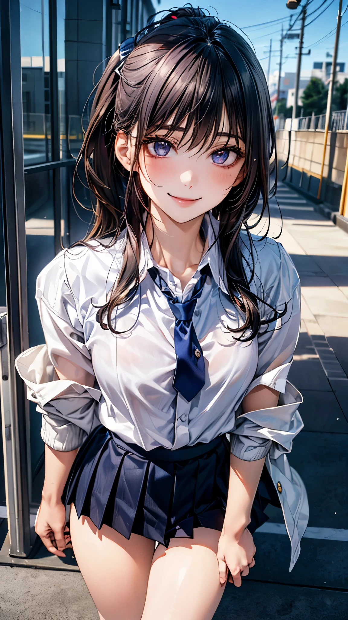 (masterpiece:1.2, top-quality), (realistic, photorealistic:1.4), beautiful illustration, (natural side lighting, movie lighting), nsfw, 
looking at viewer, 1 girl, japanese, high school girl, perfect face, cute and symmetrical face, shiny skin, 
(long hair:1.5, ponytail:1.4, black hair), hair between eyes, purple eyes, glowing eyes, big eyes, long eye lasher, (medium breasts), slender, 
beautiful hair, beautiful face, beautiful detailed eyes, beautiful clavicle, beautiful body, beautiful chest, beautiful thigh, beautiful legs, beautiful fingers, 
((komi_sch, white school jacket, white collared shirts, navy pleated mini skirt), navy tie), 
(beautiful scenery), evening, (school),, standing, (lovely smile, upper eyes), 