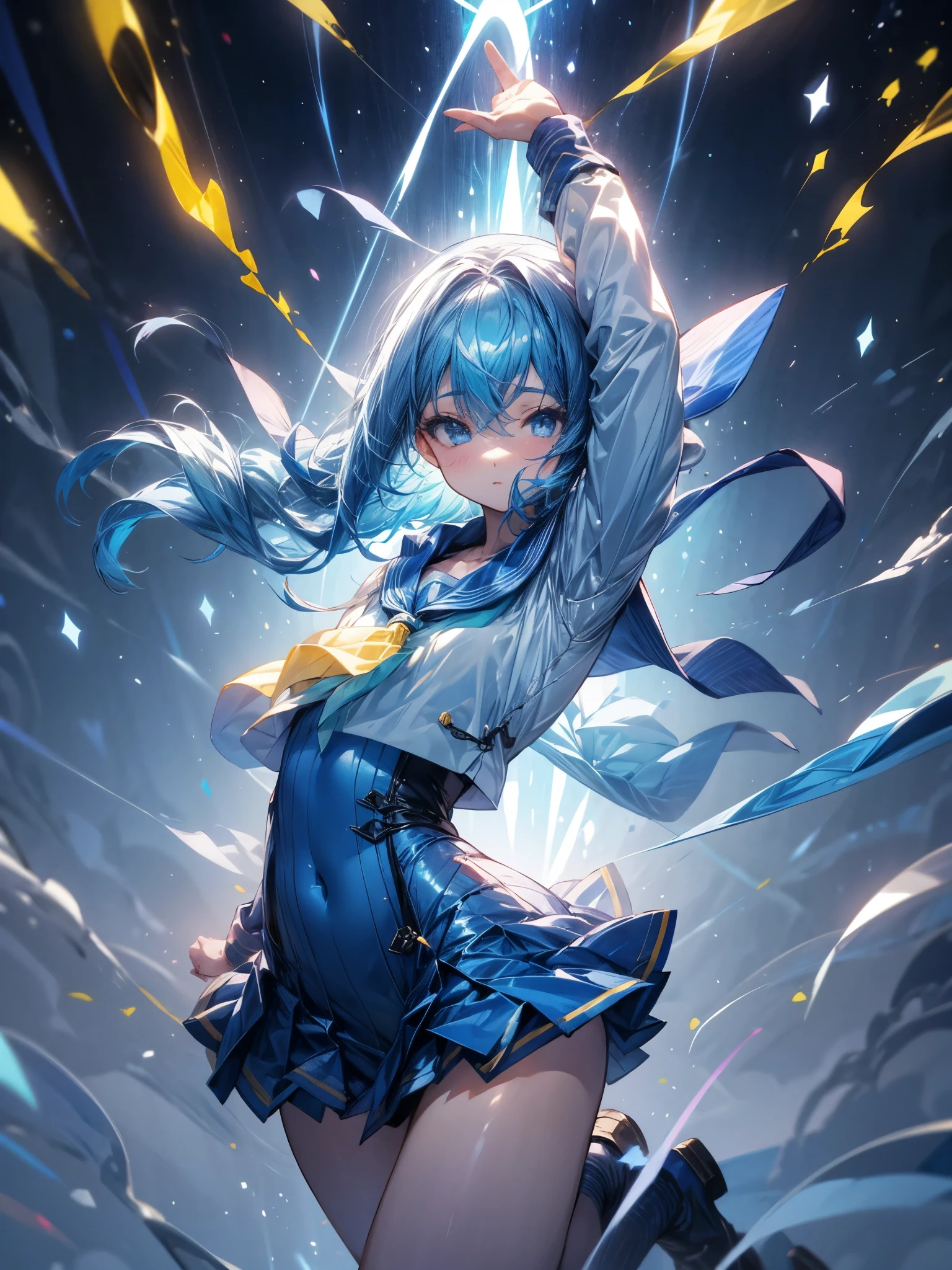 10th generation women、Beautiful blue hair、chest length hair(Half-up hairstyle)、Long-sleeved sailor suit(Scarf is yellow、Blue scarf closure、Blue with pleated skirt)、Ready to unleash magic、Energetic expression、The background is glowing