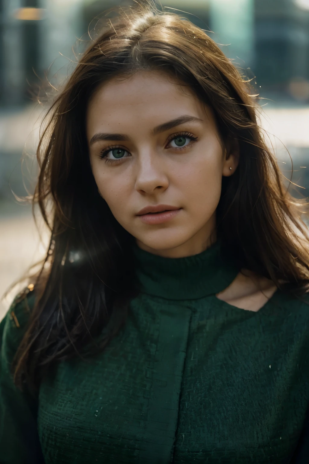 Photo of a beautiful woman, (sympathetic expression), ultra textured skin, goosebumps, brunette hair, group profile, to wering russian city, create a sense of wonder and awe, perfect emerald eyes, the face is well lit, ((hard light:1.4)), Velvia 100 color, shot on Cinestill 800T, bokeh, sharp focus on subject