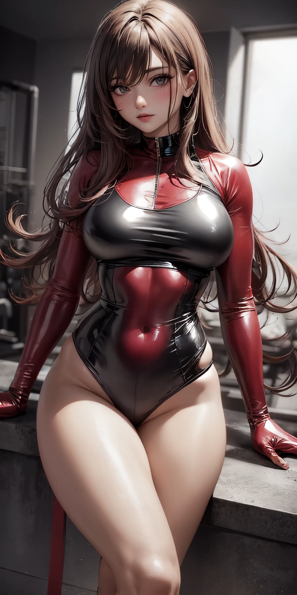 high detail, wearing (tight shirt:1.2), beautiful detailed face, red hair, hazel eyes, (attractive fitness woman:1.3), (seductive:1.1), (blushing:1.1), hourglass body shape, complete shiny aerobic black and red latex bodysuit, big round breasts