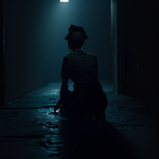 This image features a person dressed in a nurse's outfit, including a nurse's cap with a noticeable cross emblem. The setting appears to be a dimly lit space with neoclassical columns, giving it a somewhat eerie or dramatic feeling. The person is on the ground, crouching with a somewhat surprised or startled expression. What is particularly striking is the presence of a large, exaggeratedly long, and almost monstrous-looking hand reaching towards the nurse. The hand has an otherworldly, horror-esque aspect, adding a surrealistic dimension to the photo. The overall impression is that of a staged, dramatic scene, possibly from a fantasy or horror genre narrative.