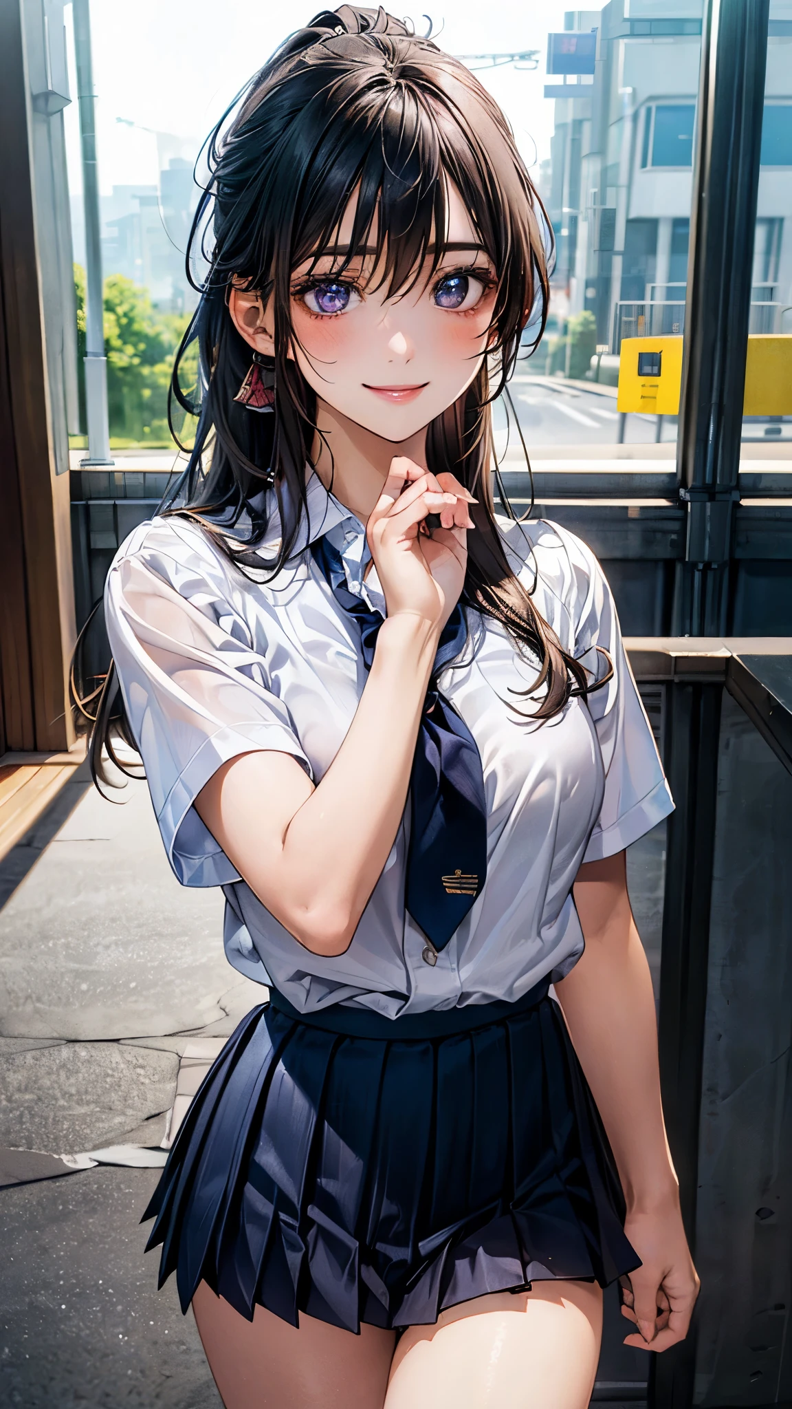 (masterpiece:1.2, top-quality), (realistic, photorealistic:1.4), beautiful illustration, (natural side lighting, movie lighting), nsfw,
looking at viewer, 1 girl, japanese, high school girl, perfect face, cute and symmetrical face, shiny skin,
(long hair:1.5, ponytail:1.4, black hair), hair between eyes, purple eyes, glowing eyes, big eyes, long eye lasher, (medium breasts), slender,
beautiful hair, beautiful face, beautiful detailed eyes, beautiful clavicle, beautiful body, beautiful chest, beautiful thigh, beautiful legs, beautiful fingers,
((JP SCHOOL UNIFORM, white collared shirts, navy pleated mini skirt), navy tie),
(beautiful scenery), evening, (school),, standing, (lovely smile, upper eyes),