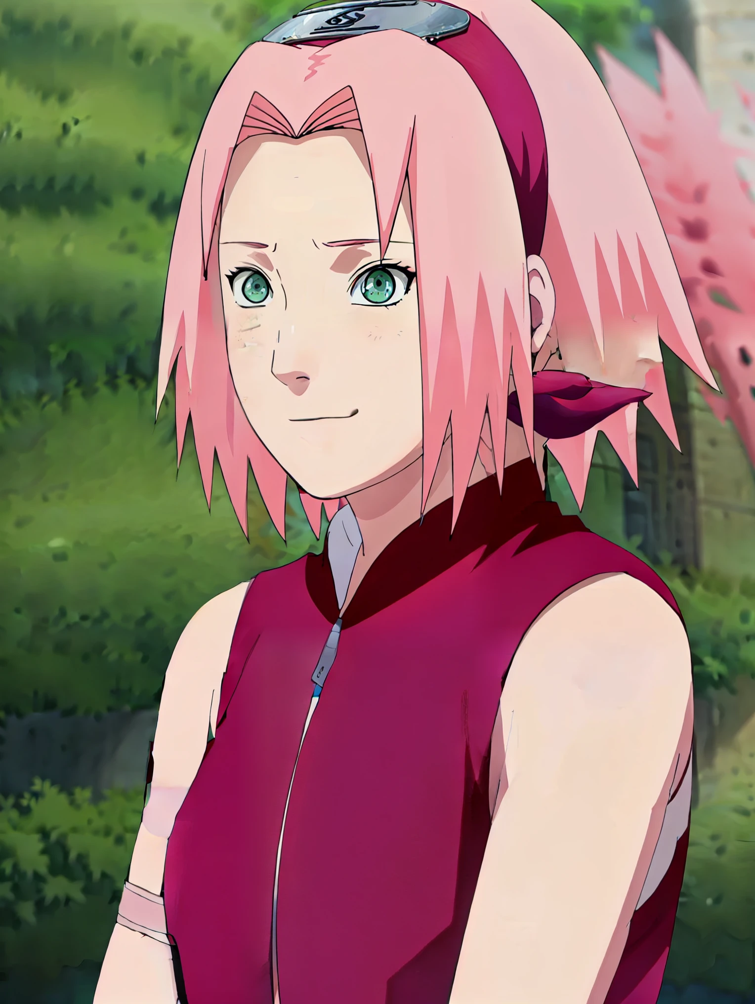 sakura haruno , sakura haruno, short hair, bangs, (pink hair:1.5), hair ornament, (green eyes:1.2), hairclip, smile,
High-quality, ultra-detailed, realistic artwork of a scene from "Sakura Shippuden" with vivid colors, perfect for 4K or 8K resolutions. The scene depicts Sakura Haruno, a young woman, standing gracefully in a garden surrounded by blooming sakura (cherry blossom) trees. She is wearing a red jacket embroidered with the symbol of Konohagakure, the Hidden Leaf Village. Her leg is bandaged, indicating a recent injury. Sakura is wearing a short skirt and toeless footwear, emphasizing her femininity and agility. Sakura has shoulder-length bangs that softly frame her face, revealing her beautiful, green eyes. Her face is adorned with a forehead protector, which bears the Konohagakure symbol, signifying her allegiance to her village. The artwork showcases Sakura's attention to detail, including her long eyelashes, detailed lips, and delicate features, capturing her determination and inner strength. The lighting in the scene is soft and warm, casting a gentle glow on the petals of the sakura blossoms. The vibrant colors of the cherry blossoms contrast against Sakura's black short sleeves and gloves, adding depth to the composition. The overall color scheme leans towards pastel tones, enhancing the serene and tranquil atmosphere of the garden. This masterpiece artwork aims to capture the essence of Sakura Haruno's character, portraying her as a confident, skilled kunoichi amidst the delicate beauty of the sakura garden. The attention to detail, vibrant colors, and realistic rendering will bring this scene to life, evoking the spirit of "Sakura Shippuden" in a visually stunning
BREAK (masterpiece:1.2), best quality, high resolution, unity 8k wallpaper, (illustration:0.8), (beautiful detailed eyes:1.6), extremely detailed face, perfect lighting, extremely detailed CG, (perfect hands, perfect anatomy),