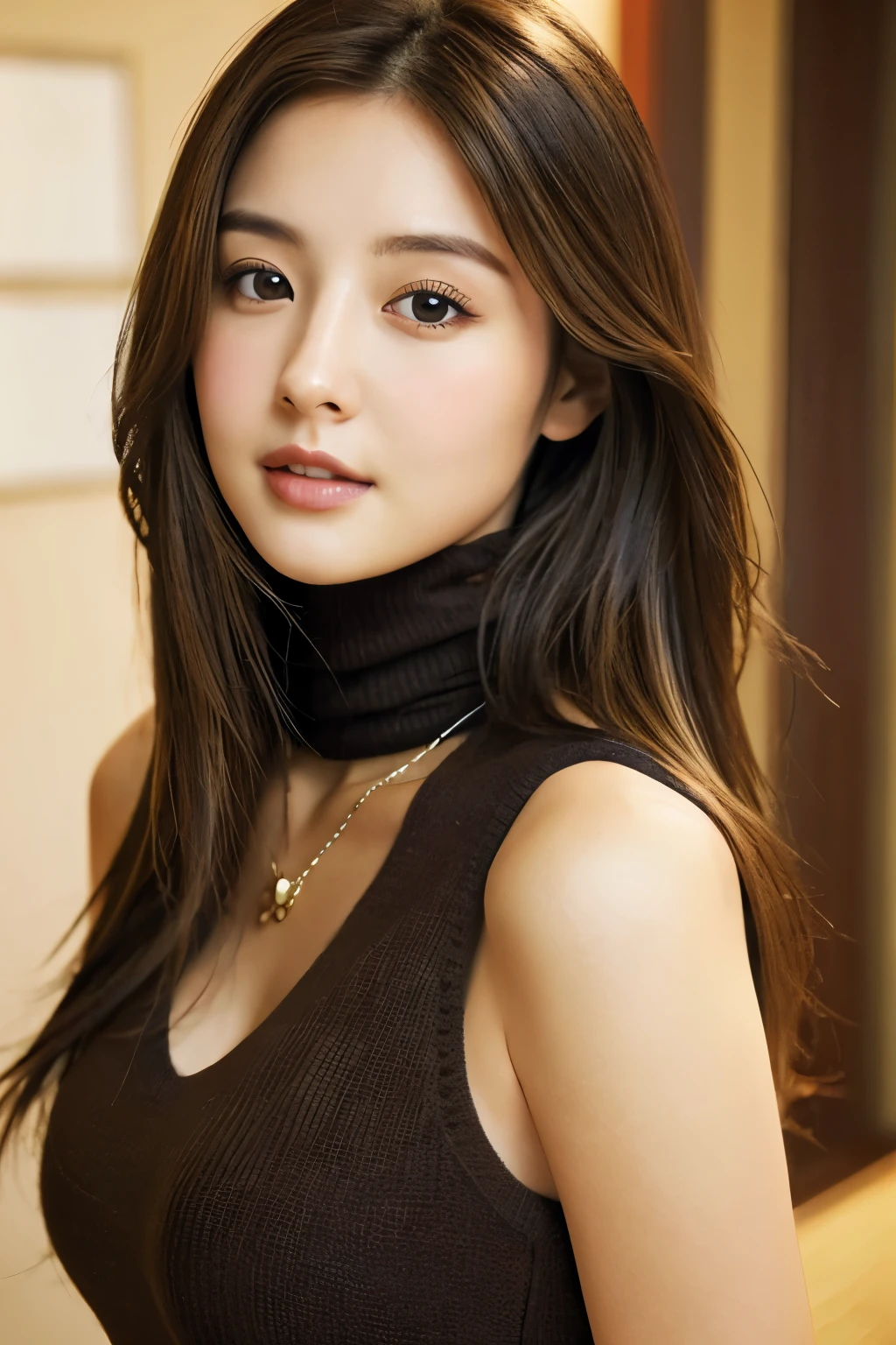 1 girl, 24-years-old, alone, long hair, big breasts, looking at the viewer, brown hair, bare shoulders, brown eyes, gem, whole body, necklace, turtleneck, Black sweater, realistic, Sexy Japan