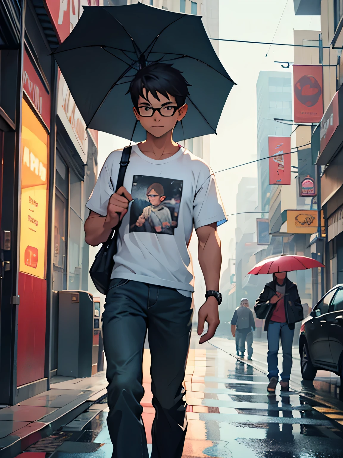 a young boy. wear the T-shirt​ and short Cowboy pants and black glasses. in the city. stand on the street​ and Hold an umbrella. looking to the viewer.