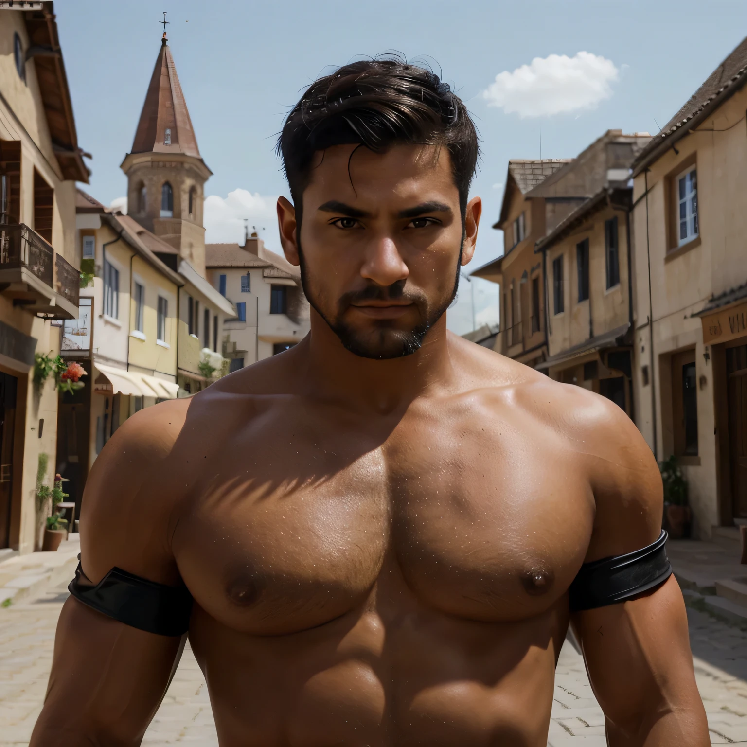 high defined, high resolution male warrior character, portrait, handsome, fighter, tanned skin, masculine, sexy, short beard, black hair, short haircut, spike hair, medieval, muscle, brown clothes, haired chest, protector, mid age, daddy, town background, brown eyes, symmetric eyes, masterpiece, medieval, town background, gay, arab, big eyebrows, big nose, pointy nose, brown eyes, thief