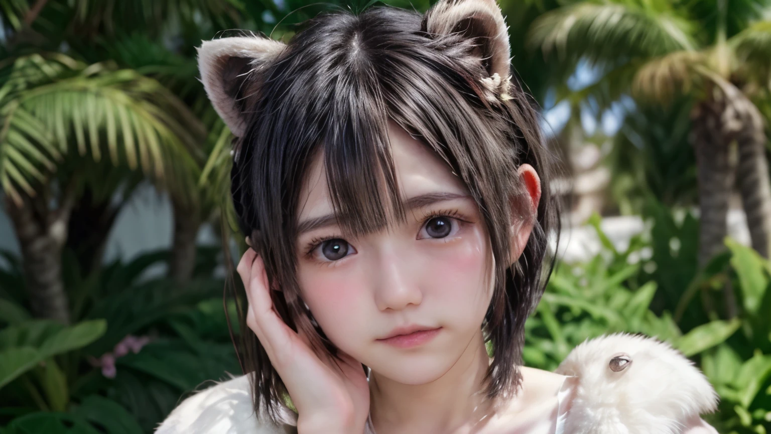 raccoon ears、miser、、short hair that hides ears、pure white、