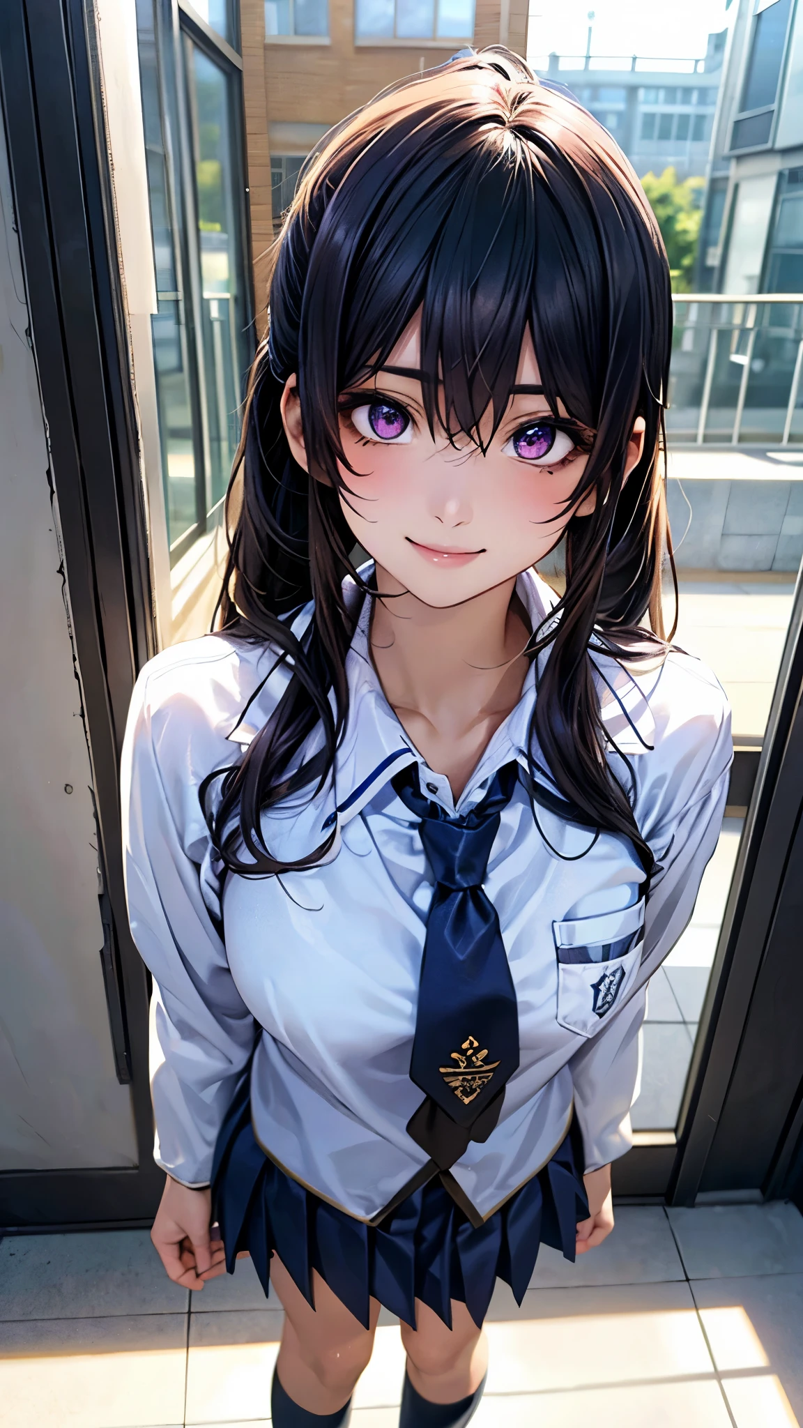 (masterpiece:1.2, top-quality), (realistic, photorealistic:1.4), beautiful illustration, (natural side lighting, movie lighting), nsfw, 
looking at viewer, 1 girl, japanese, high school girl, perfect face, cute and symmetrical face, shiny skin, 
(long hair:1.5, ponytail:1.4, black hair), hair between eyes, purple eyes, glowing eyes, big eyes, long eye lasher, (medium breasts), slender, 
beautiful hair, beautiful face, beautiful detailed eyes, beautiful clavicle, beautiful body, beautiful chest, beautiful thigh, beautiful legs, beautiful fingers, 
((fumizuki academy school uniform, white jacket, white collared shirts, navy pleated mini skirt), navy tie), 
(beautiful scenery), evening, (school),, standing, (lovely smile, upper eyes), 