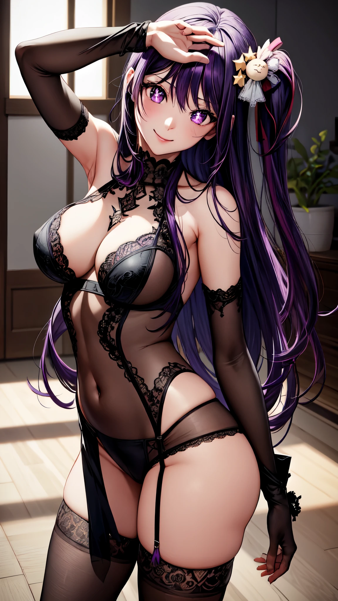 anime, beautiful face, highly detailed face, (2 accurate legs:1), purple detailed eyes, star shaped pupils, highly detailed background, perfect lighting, hair ornament, 1girl, solo, ai hoshino, oshi no ko, indoors, (detailed black heels:1.2), (beautiful purple hair:1.2), detailed thighhighs, absurdres, high res, ultrasharp, 8K, masterpiece, looking at viewer, teasing smile, BREAK (detailed black sexy body stocking:1.2), (intricate all lace:1.4), beautiful black heels (transparency:1.6), (sexy pose:1.2), close up view, standing up