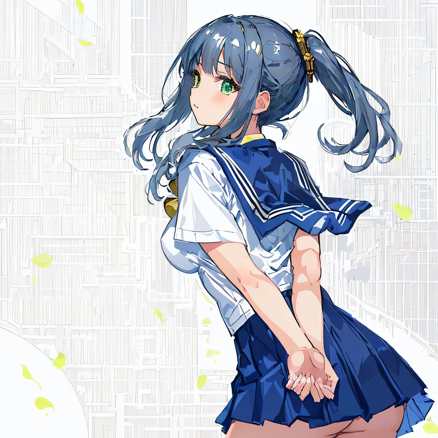 white background,masterpiece, highest quality,figure,sailor suit,slanted eyes,straight hair,silver hair,side parted,super dense skin,beautiful and fine eyes,short sleeve shirt,green eyes,(big breasts:1.1), (A raised and well-defined bust:1.1), (lifted chest:1.2), (perky chest :1.1),high school girl,please sit down,high socks,loafers