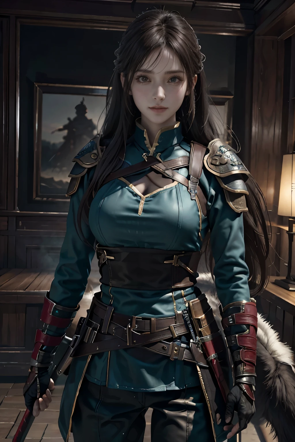 Game art，The best picture quality，Highest resolution，8K，(A bust photograph)，(Portrait)，(Head close-up)，(Rule of thirds)，Unreal Engine 5 rendering works， (The Girl of the Future)，(Female Warrior)， 
20岁少女，((Hunter))，An eye rich in detail，(Big breasts)，优雅高贵，冷漠，勇敢的，
（Medieval-style fur combat clothing，Glowing magic lines，Animal skin clothing with rich details），Medieval Lady Knight，Medieval ranger，
拍照姿势，简单背景，Movie lights，Ray tracing，Game CG，((3D Unreal Engine))，oc渲染反射纹