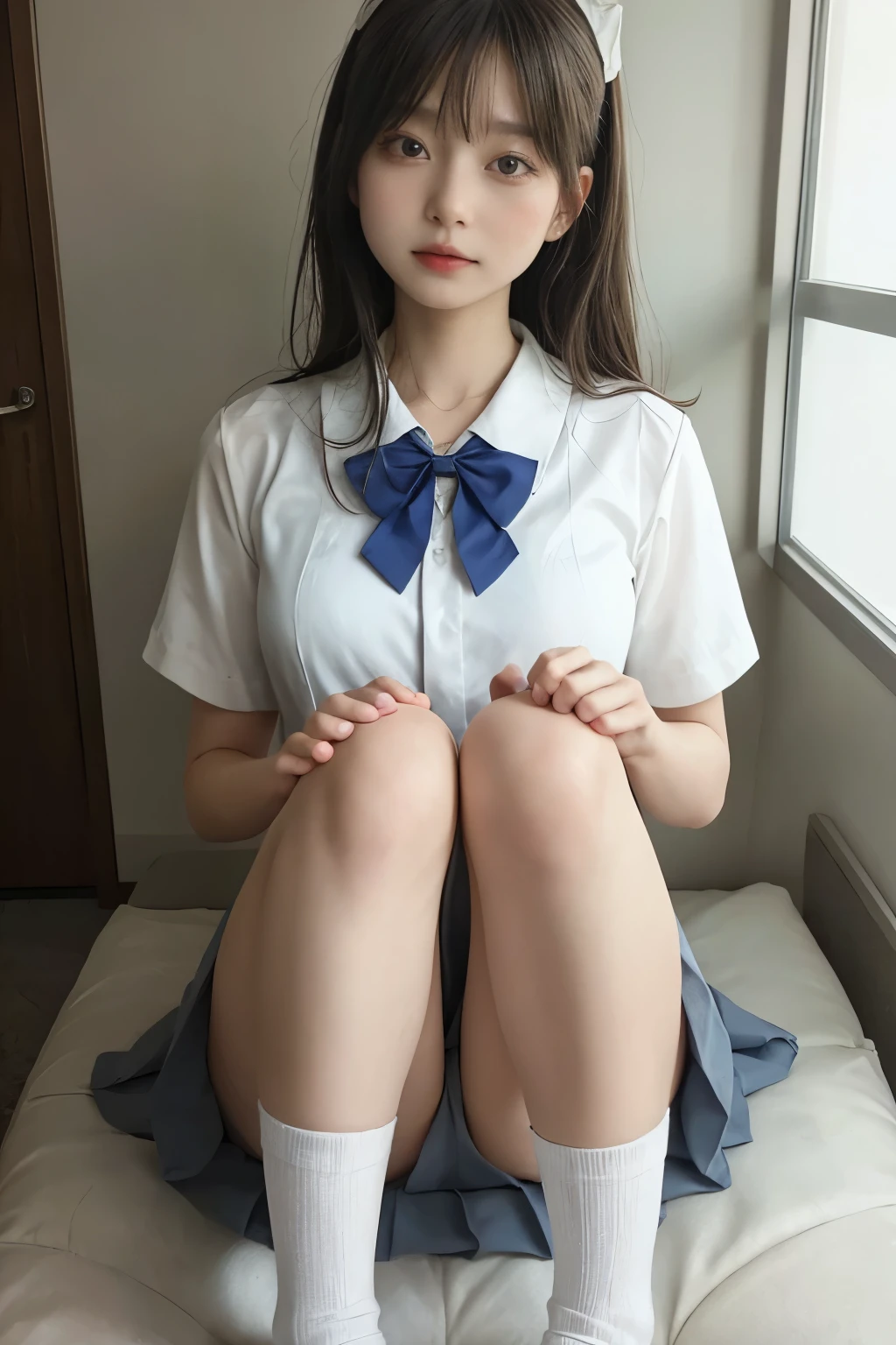 wearing short skirt、Alafid asian woman wearing bow tie sitting on train, cute schoolgirl, japanese schoolgirl, wearing japanese school uniform, japanese school uniform, a hyperactual schoolgirl, Dress up as a schoolgirl, hyperactual schoolgirl, Wearing school uniform, actual , girl wearing, Wearing school uniform, one poses, whole body, Good skin, glowing skin, beautiful thighs,glowing thighs, Glowing legs, six fingers