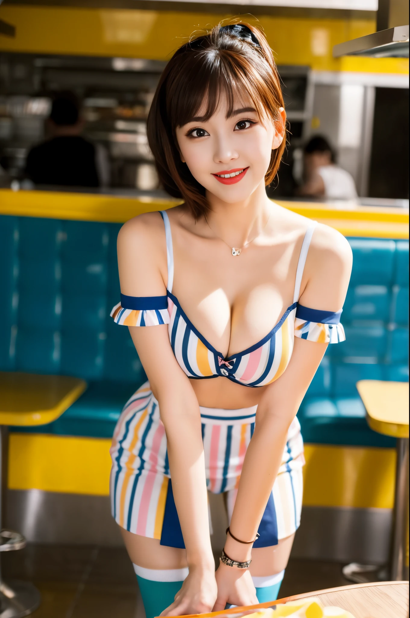 (((fifties style striped pattern waitress costume))),(((idol pose))),(((bare inner thigh))),(((Show cleavage))),(((pastel colored socks pumps))),ulzzang-6500-v1.1, (Raw photo:1.2), (Photo realistic:1.4), a beautiful detailed girl, extremely detailed eye and face, beautiful detailed eyes, ultra-detailed, High resolution, top-quality, ​masterpiece, highly detailed, 8k wallpaper, Wonderful, finely detail, top-quality, (retro pop diner), Beautiful eyes, smile, Opening Mouth