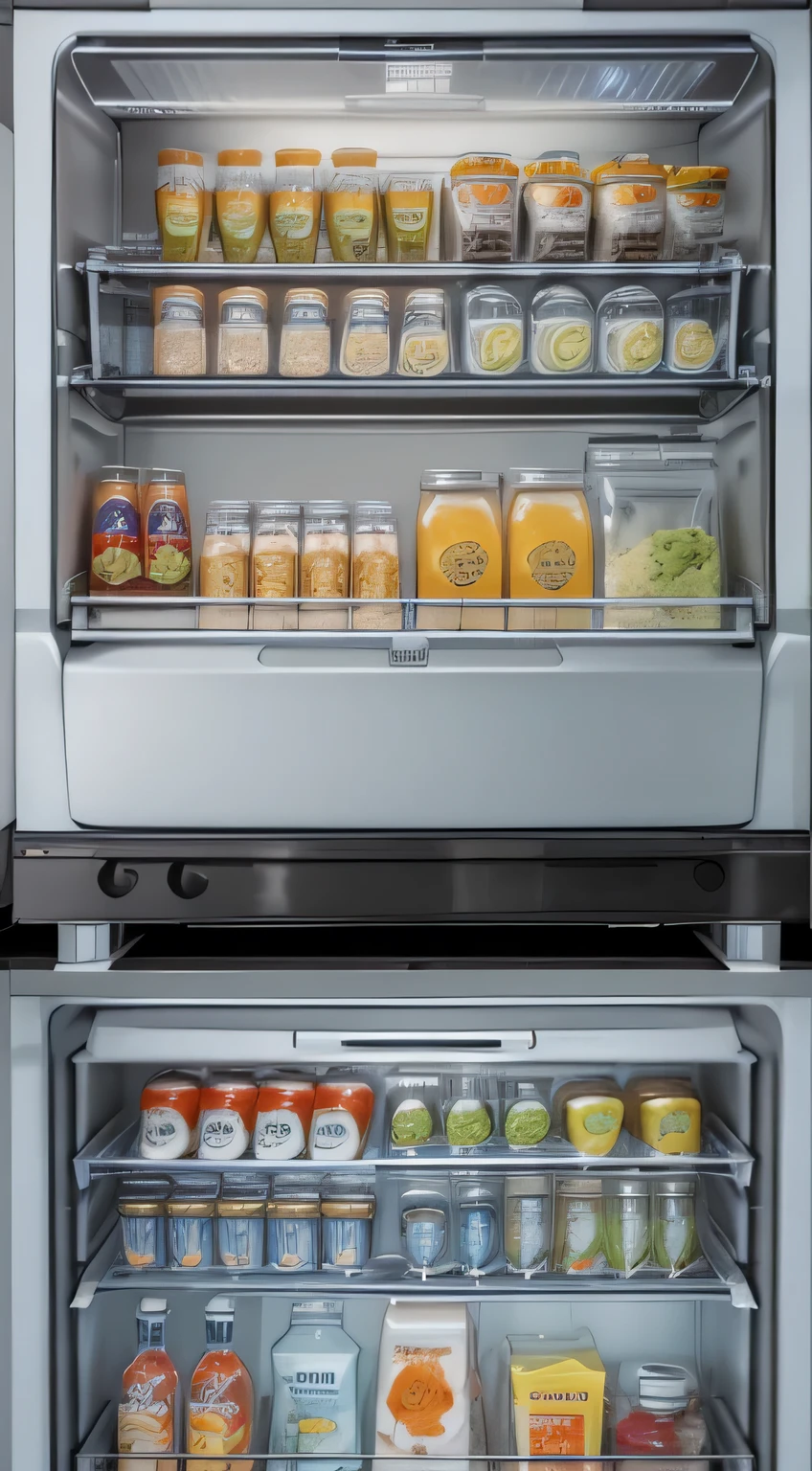 Office smart refrigerator,Appearance silvery white,Ice maker on the outer door of the refrigerator,The refrigerator has a very large capacity,Six door refrigerator,There is a light blue light on the top of the refrigerator,Dedicated storage area for employees inside,There is also a touch screen outside the refrigerator,Please increase the refrigerator capacity,Suitable for twenty or thirty people,More fashionable appearance,Please divide internal functions by color,creativity,Internal partition with beverage area,food storage area,where medicines are stored,Interior material is a mix of metal and plastic,Requires a lunch box storage module,Beauty module,Module for storing medicines,Soft interior lighting,The whole refrigerator has no black edges,Refrigerator with exquisite details,Human-computer compatible,Only for rich people,Rich office use,Multifunctional luxury ice machine,Modular design,product design,Modern design,Public food and beverage storage requires door-in-door view,Employee lunch boxes need to be stored internally,Need to be placed according to rules