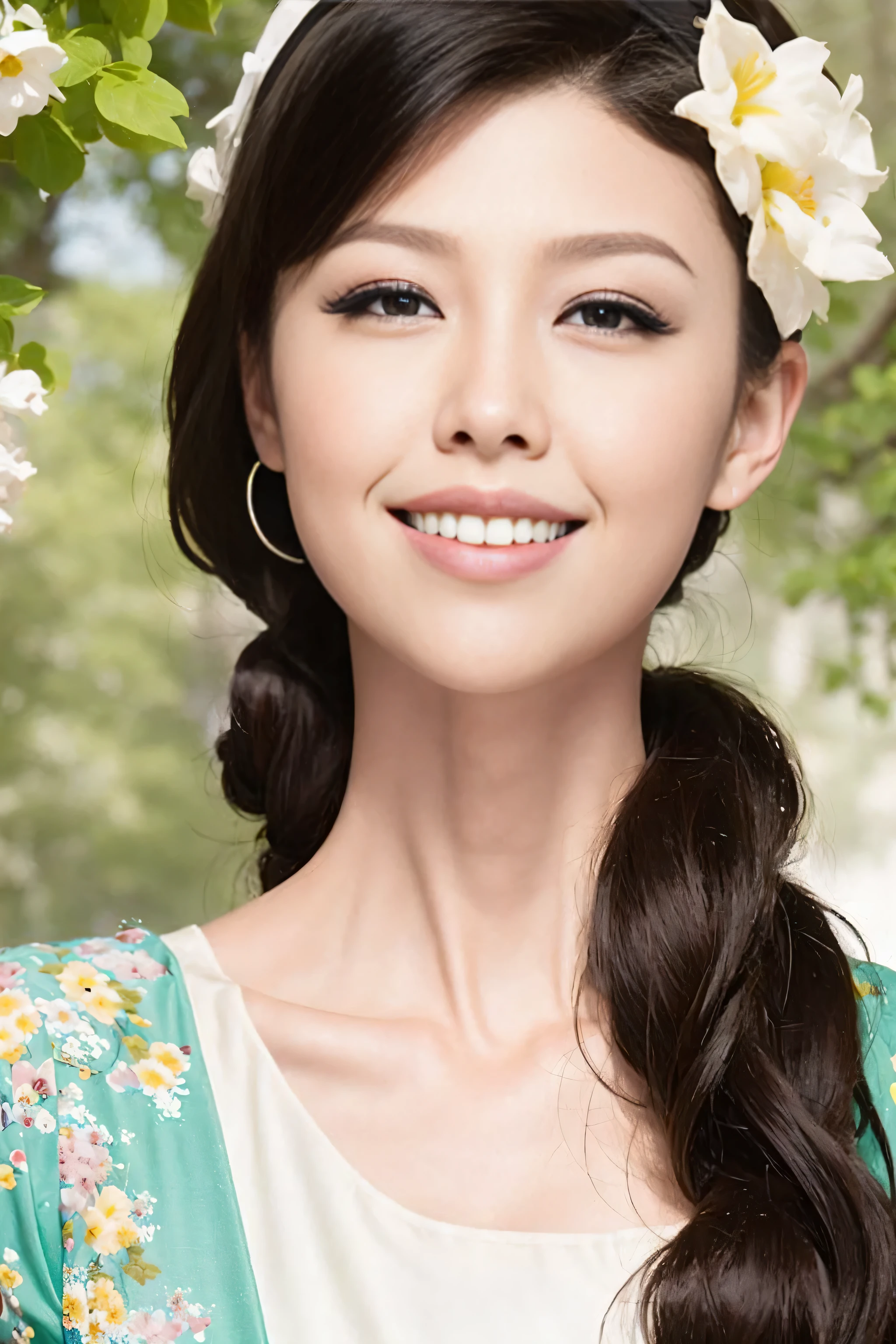 Fashion model 20 years old [[[[close up]]]], [[[[neck]]]], [[[[Shoulder]]]], perfect eyes, perfect iris，perfect lips，perfect teeth，perfect skin，White skin，Soft headlight，high-density imaging review，long hair，（Face is clear and delicate），White casual wear，The background is outdoor，Green trees and flowers，best quality，masterpiece，（pastel colors：1.2）