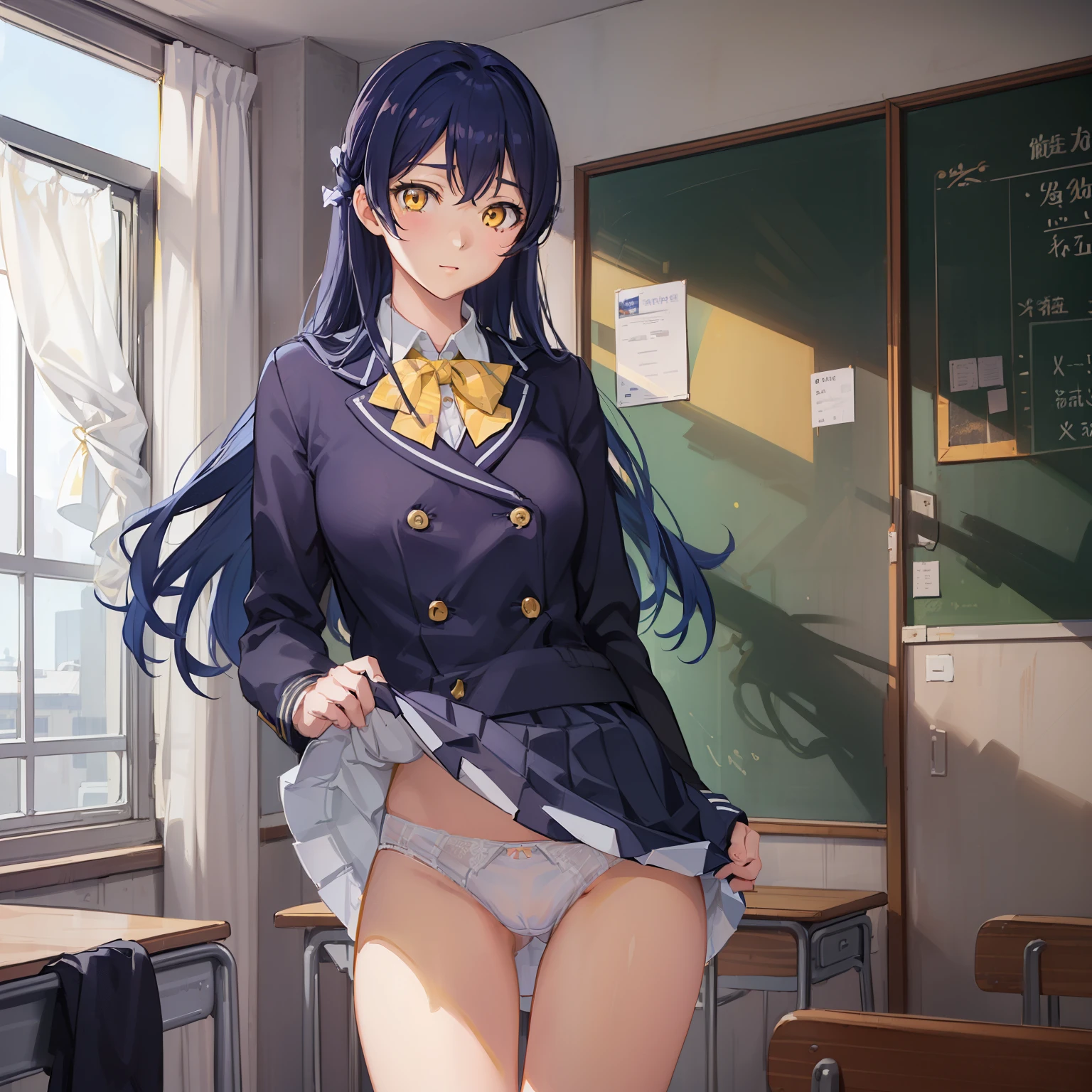 1girl、Umisonoda, Umi Sonoda, long hair, blue hair, (yellow eyes:1.5) (flat chest:1.2),
break blazer, blue skirt, Jacket, otonokizaka school uniform, pleated skirt, school uniform, winter uniform,
break looking at viewer,
break indoors, classroom, 
break (masterpiece:1.2), highest quality, High resolution, unity 8k wallpaper, (figure:0.8), (beautiful and fine eyes:1.6), highly detailed face, perfect lighting, Very detailed CG, (perfect hands, perfect anatomy),,cowboy shot、(skirt lift:1.3),(Very detailed white panties:1.3)、(Very detailed panties:1.3)、、(skirt that rolls up:1.3)、(fully exposed panties:1.5)、