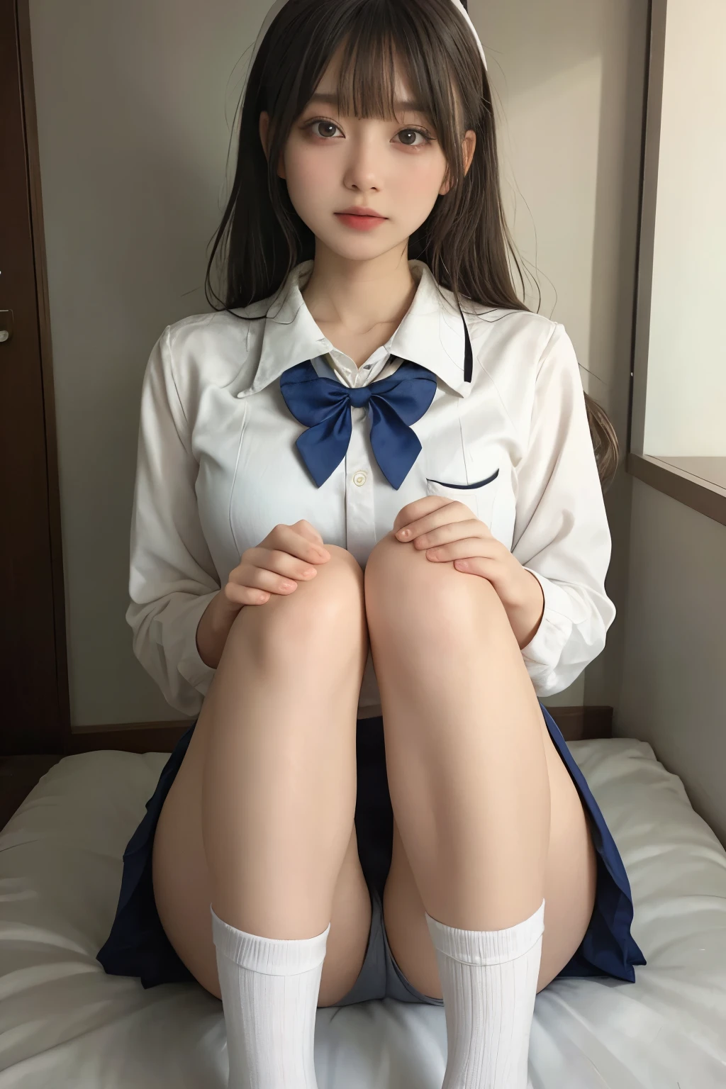 wearing short skirt、Alafid asian woman wearing bow tie sitting on train, cute schoolgirl, japanese schoolgirl, wearing japanese school uniform, japanese school uniform, a hyperactual schoolgirl, Dress up as a schoolgirl, hyperactual schoolgirl, Wearing school uniform, actual , girl wearing, Wearing school uniform, one poses, whole body, Good skin, glowing skin, beautiful thighs,glowing thighs, Glowing legs, six fingers