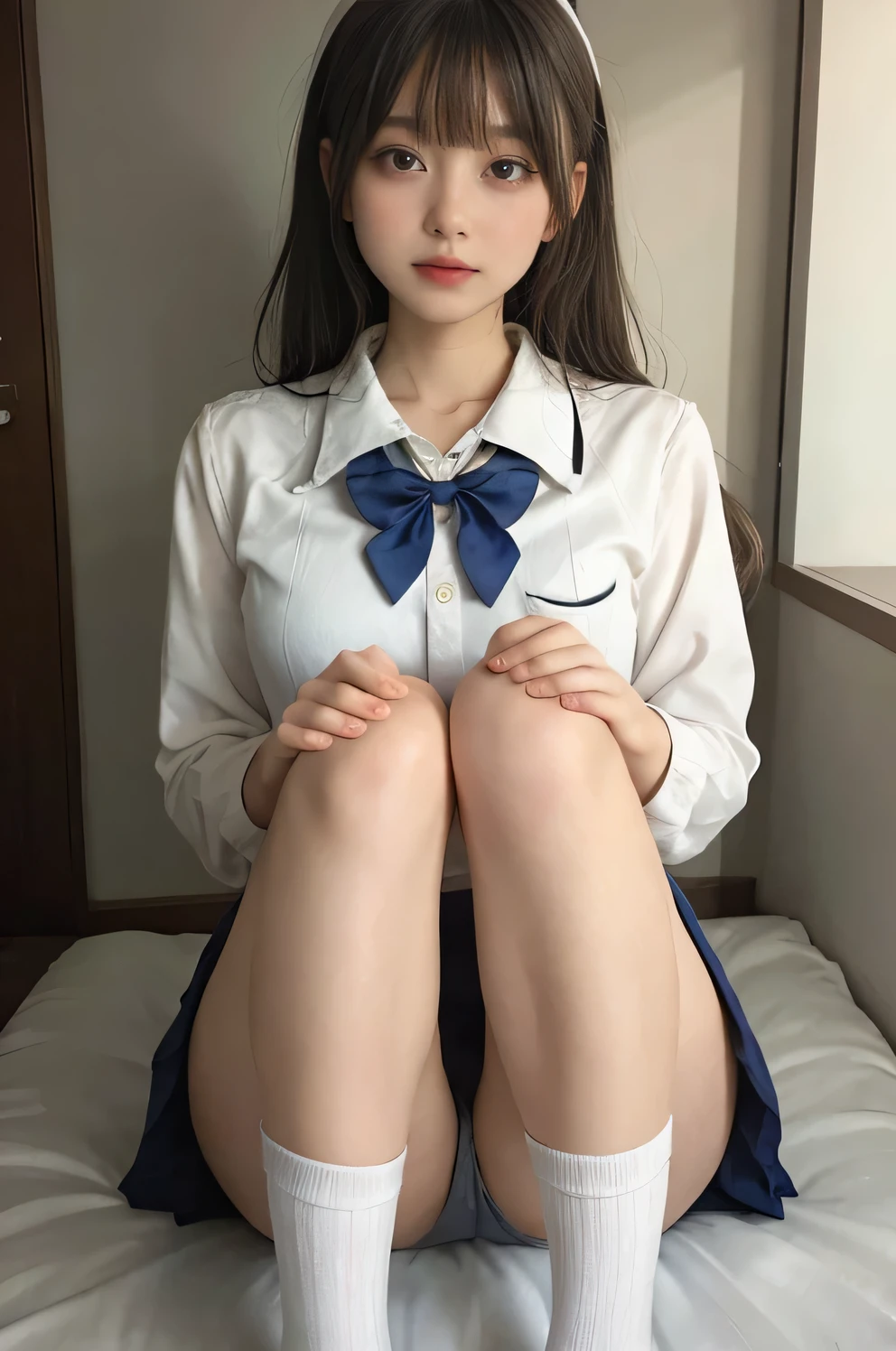 wearing short skirt、Alafid asian woman wearing bow tie sitting on train, cute schoolgirl, japanese schoolgirl, wearing japanese school uniform, japanese school uniform, a hyperactual schoolgirl, Dress up as a schoolgirl, hyperactual schoolgirl, Wearing school uniform, actual , girl wearing, Wearing school uniform, A pose, whole body, Good skin, glowing skin, beautiful thighs,glowing thighs, Glowing legs, Six fingers
