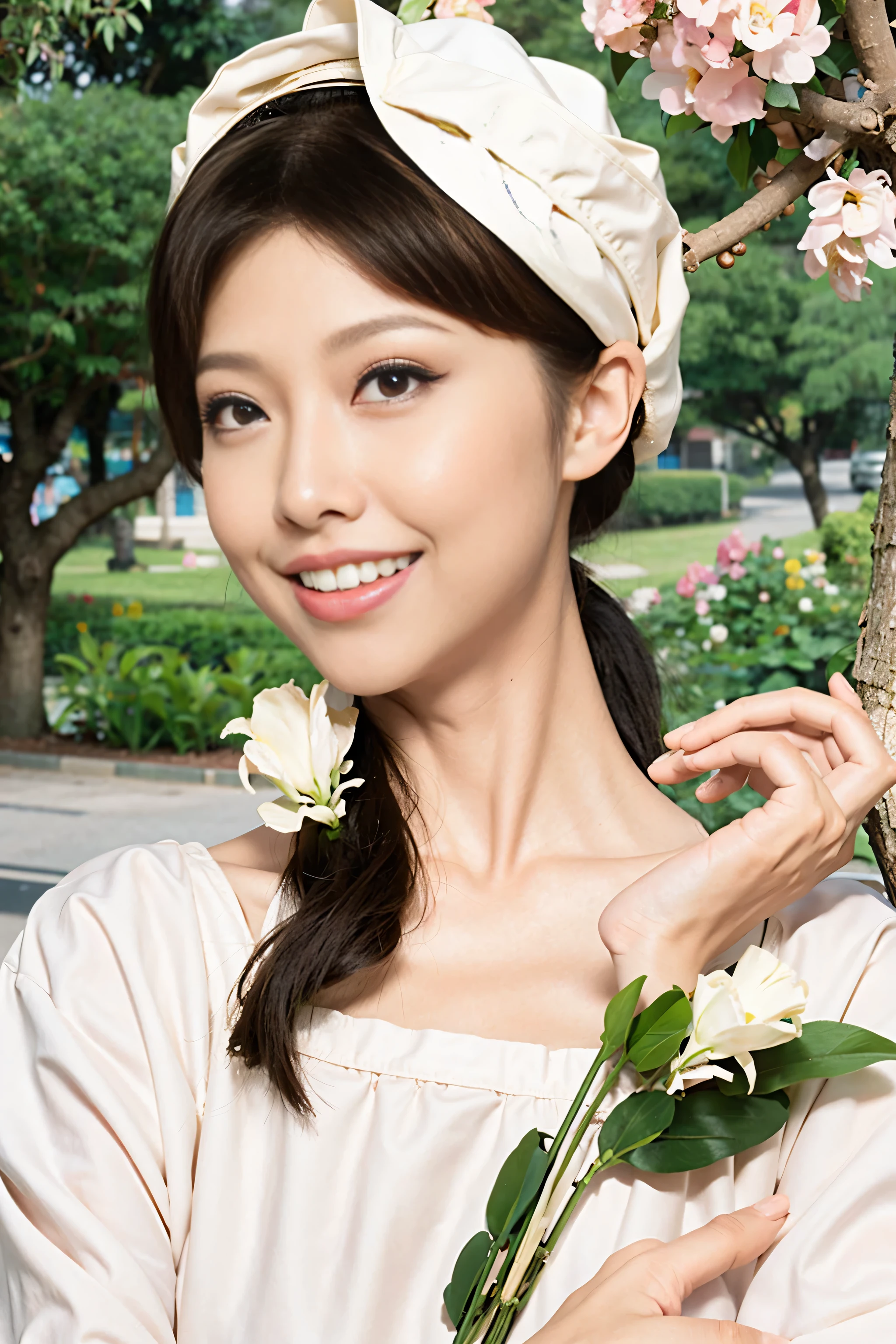 Fashion model 20 years old [[[[close up]]]], [[[[neck]]]], [[[[Shoulder]]]], perfect eyes, perfect iris，perfect lips，perfect teeth，perfect skin，White skin，Soft headlight，high-density imaging review，long hair，（Face is clear and delicate），White casual wear，The background is outdoor，Green trees and flowers，best quality，masterpiece，（pastel colors：1.2）