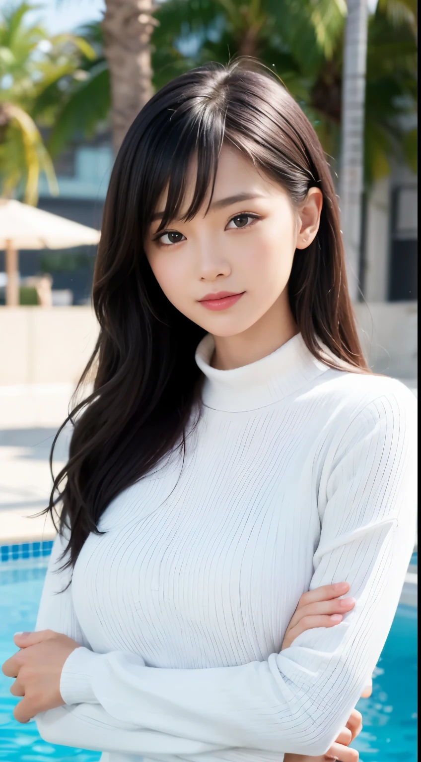 Pueros face_v1, highest quality, realistic, 8K, High resolution, 1 girl huge big tits, perverted woman, (skin dents), (sports late:0.6), gorgeous, dynamic pose, ((poolsidebackground:1.6)), coconut palms, ((mediumsize roundbreast,White High Neck Sweater:1.4)), Look directly at the audience:1.8, (1 girl looks at the audience with eyes, medium length hair, black hair, part the bangs:1.65), (Bokeh), With a smile:1.2, (closed mouth:1.16),