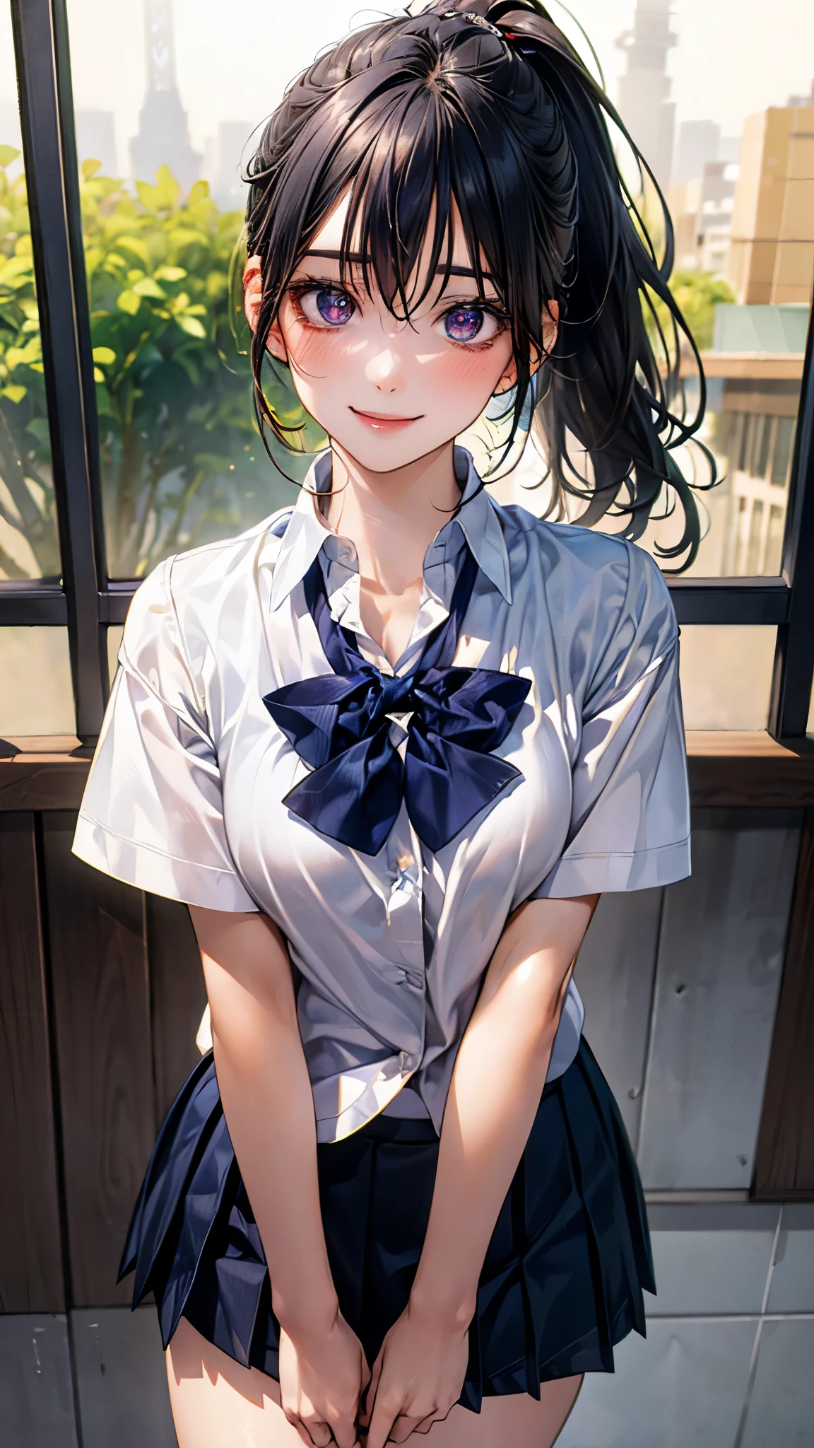 (masterpiece:1.2, top-quality), (realistic, photorealistic:1.4), beautiful illustration, (natural side lighting, movie lighting), nsfw,
looking at viewer, 1 girl, japanese, high school girl, perfect face, cute and symmetrical face, shiny skin,
(long hair:1.5, ponytail:1.4, black hair), hair between eyes, purple eyes, glowing eyes, big eyes, long eye lasher, (medium breasts), slender,
beautiful hair, beautiful face, beautiful detailed eyes, beautiful clavicle, beautiful body, beautiful chest, beautiful thigh, beautiful legs, beautiful fingers,
((JP SCHOOL UNIFORM, white collared shirts, navy pleated mini skirt)),
(beautiful scenery), evening, (school),, standing, (lovely smile, upper eyes),