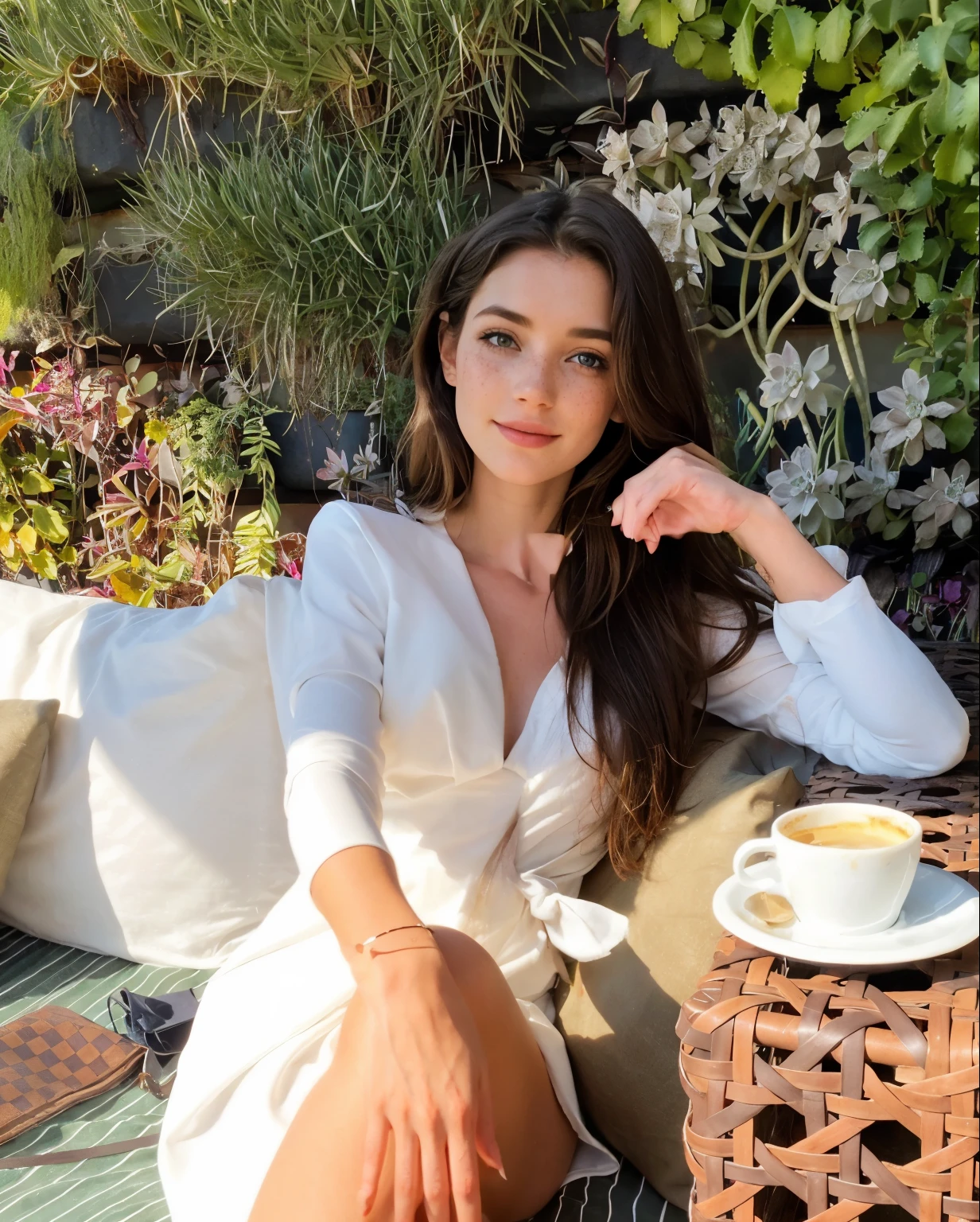 Rosto de uma mulher, americana, 25 anos, pale skin and freckles, olhos cinzas, nariz delicado, soft and delicate lips, cabelo blondie cinza longo e ondulados, sorriso meigo, full hair down to the waist 