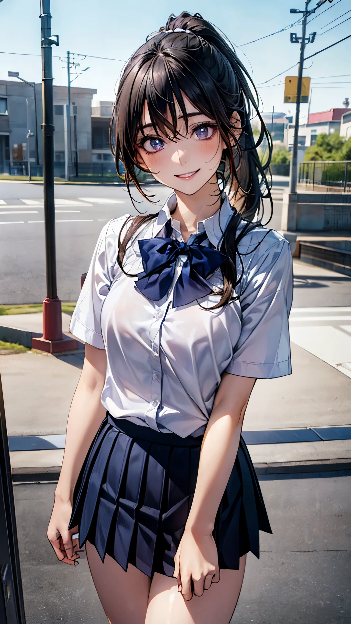 (masterpiece:1.2, top-quality), (realistic, photorealistic:1.4), beautiful illustration, (natural side lighting, movie lighting), nsfw, 
looking at viewer, 1 girl, japanese, high school girl, perfect face, cute and symmetrical face, shiny skin, 
(long hair:1.5, ponytail:1.4, black hair), hair between eyes, purple eyes, glowing eyes, big eyes, long eye lasher, (medium breasts), slender, 
beautiful hair, beautiful face, beautiful detailed eyes, beautiful clavicle, beautiful body, beautiful chest, beautiful thigh, beautiful legs, beautiful fingers, 
((JP SCHOOL UNIFORM, white collared shirts, navy pleated mini skirt)), 
(beautiful scenery), evening, (school),, standing, (lovely smile, upper eyes), 