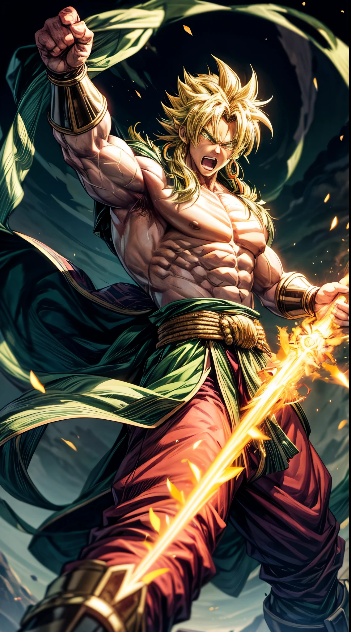 Broly, super saiyan, male, 26 years old, big body, legendary, crown, armor, green, gauntlet, giant sword, orb, crown, green aura, green light, green light, green lightning, dragonball, muscular, bicep, angry face, no pupils, grasping hands, flying, sky, clouds, strength, strong, moves, martial arts, burly, ultra hd, detail, male face