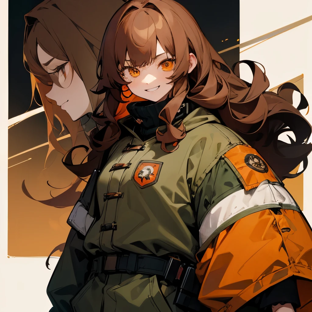 anime style、black turtleneck、khaki hoodie、long curly hair、orange eyes、brown hair、grinning evilly、There are patches on the face、The eye has a needle with a large barbed thread like a button.