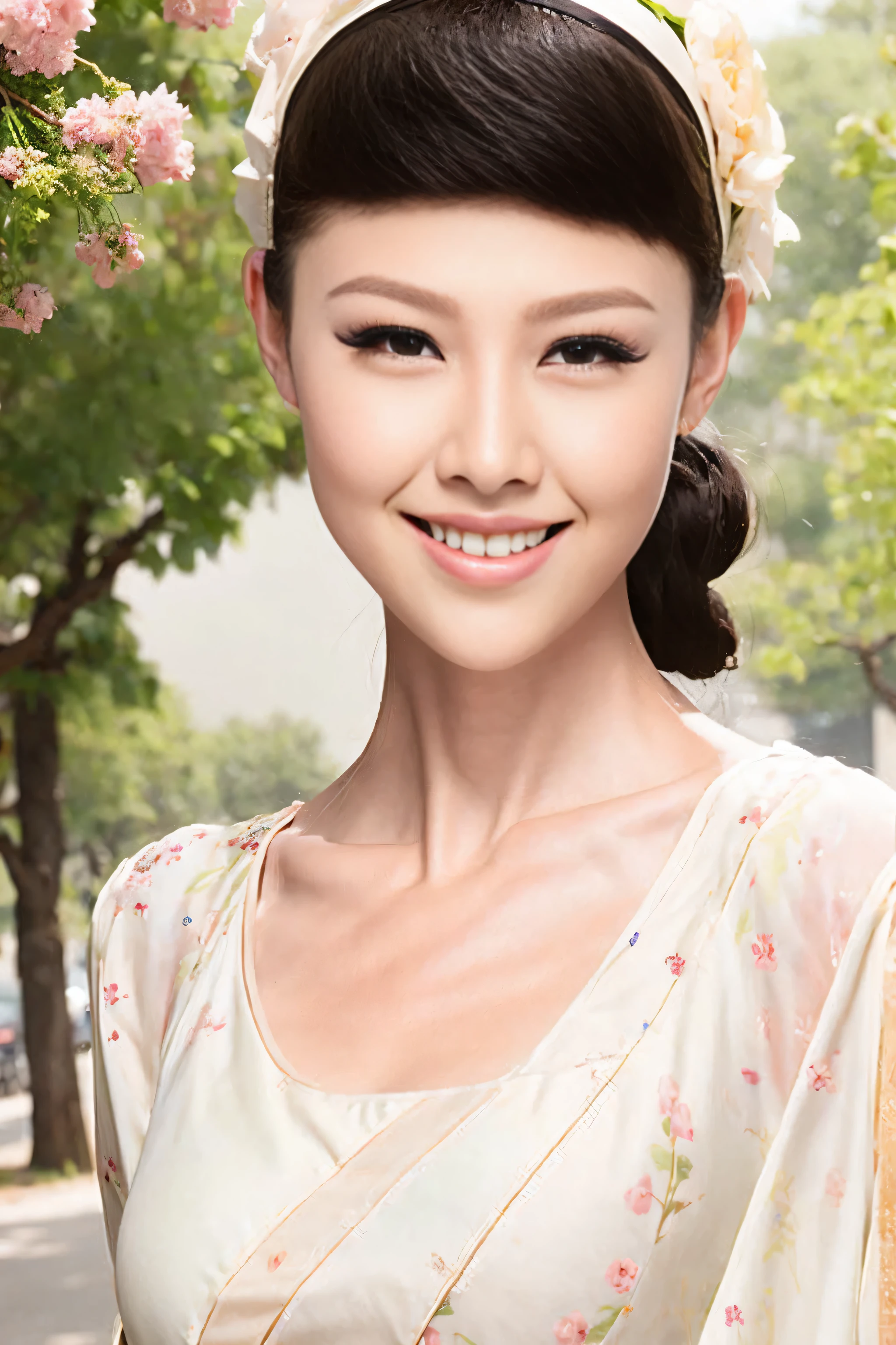 Fashion model 20 years old [[[[close up]]]], [[[[neck]]]], [[[[Shoulder]]]], perfect eyes, perfect iris，perfect lips，perfect teeth，perfect skin，White skin，Soft headlight，high-density imaging review，long hair，（Face is clear and delicate），White casual wear，The background is outdoor，Green trees and flowers，best quality，masterpiece，（pastel colors：1.2）