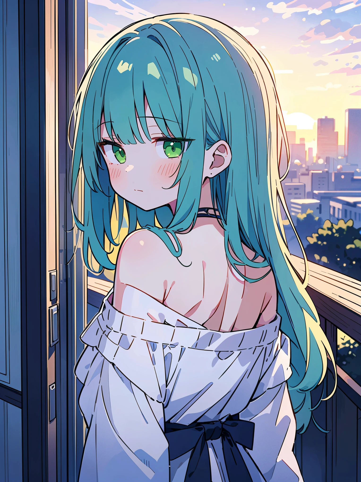 highest quality, masterpiece, ultra high resolution, (realism: 1.4), Original photo, 1 girl, green eyes, off shoulder, cinematic lighting, blue hair, At sunset, look back