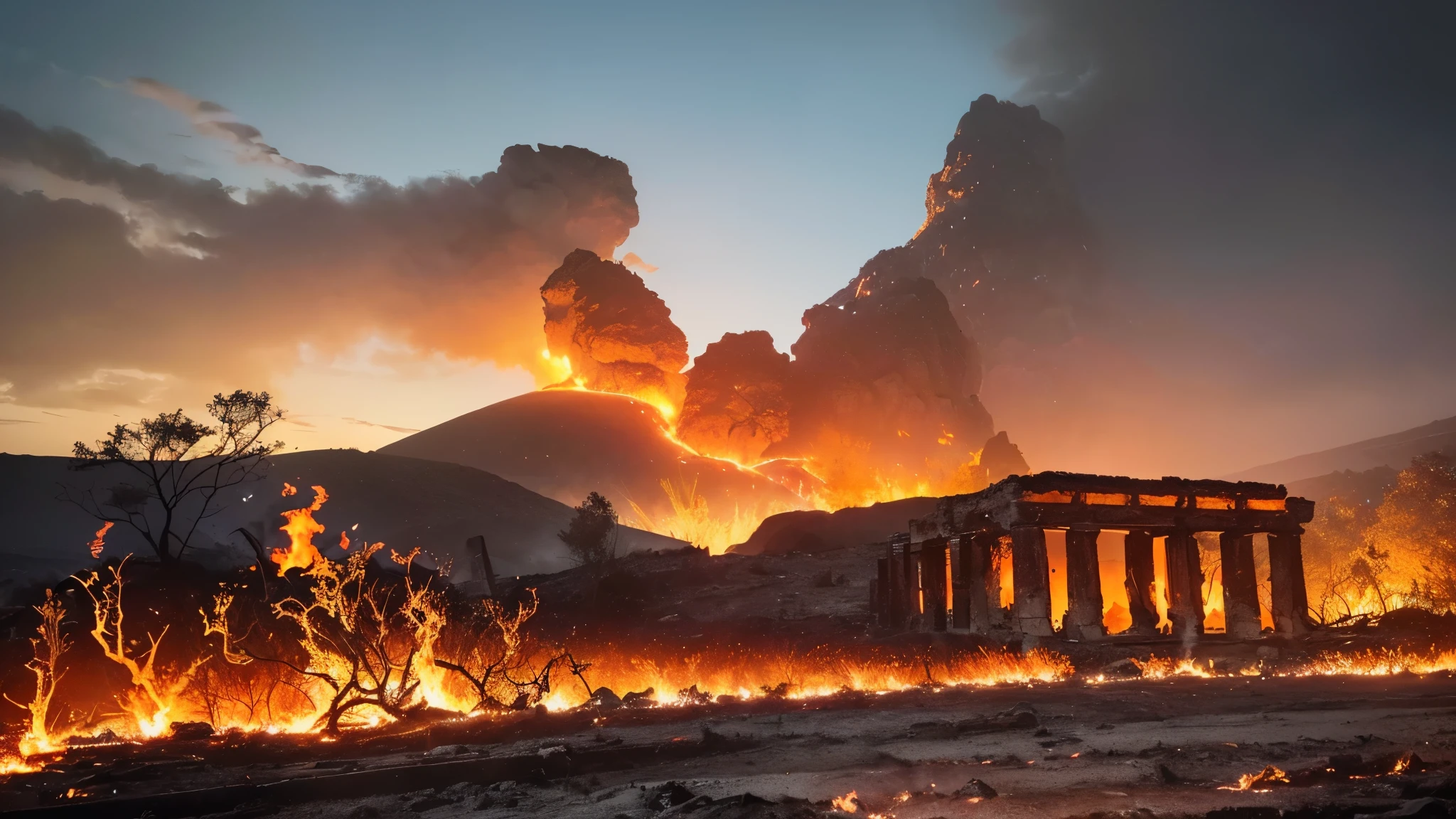 ((cinematic image)), (4k), (realistic), stony ground with many dry branches coming out of the ground, hot lava coming out of the ground (volcano lava everywhere, dry and burnt vegetation, building in the background similar to the temple of Aphrodite in ruins, rocks everywhere, buildings in ruins, apocalypse war scene, night sky with orange clouds reflecting the fire on the ground.