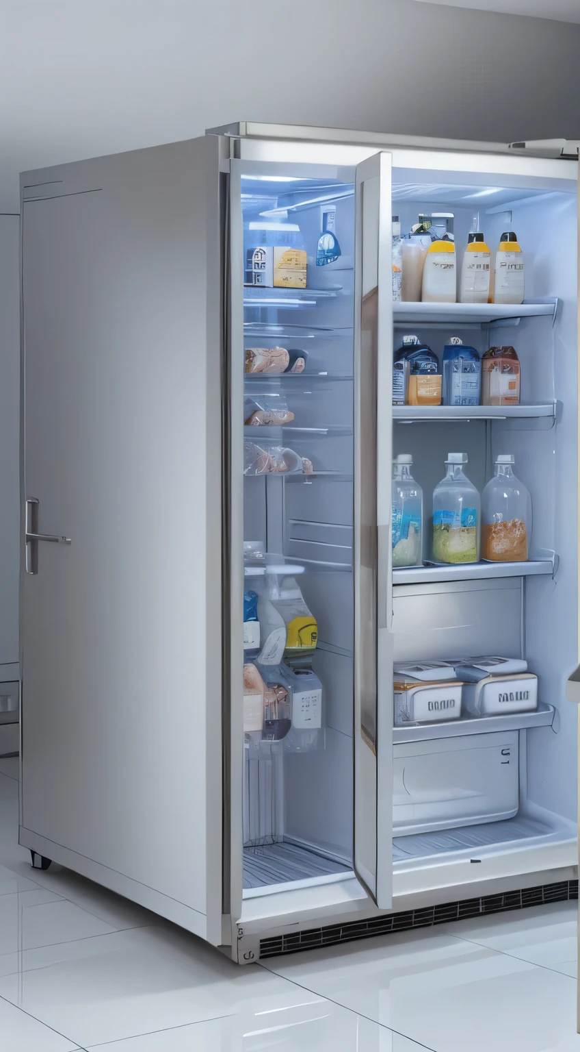 Office smart refrigerator,Appearance silvery white,Ice maker on the outside door of the refrigerator,The refrigerator has a very large capacity,Six door refrigerator,There is a light blue light on the top of the refrigerator,Dedicated storage areas available internally for employees,There is also a touch screen outside the refrigerator,Please increase the refrigerator capacity,Suitable for twenty or thirty people,More fashionable appearance,Please divide internal functions by color,creativity,Internal partition with beverage area,food storage area,where medicines are stored,Interior material is a mix of metal and plastic,Requires a lunch box storage module,Beauty module,Drug storage module,Soft interior lighting,The whole refrigerator has no black edges,Refrigerator with exquisite details,Human-computer compatible,Only for rich people,Rich office uses,Multifunctional luxury ice machine,Modular design,product design,Modern design,Public food and beverage storage requires in-door viewing。Refrigerator appearance 4 doors,One of the doors houses an ice maker,The other door is transparent,A variety of beverage choices are reflected inside,The remaining two doors are ordinary door panels。