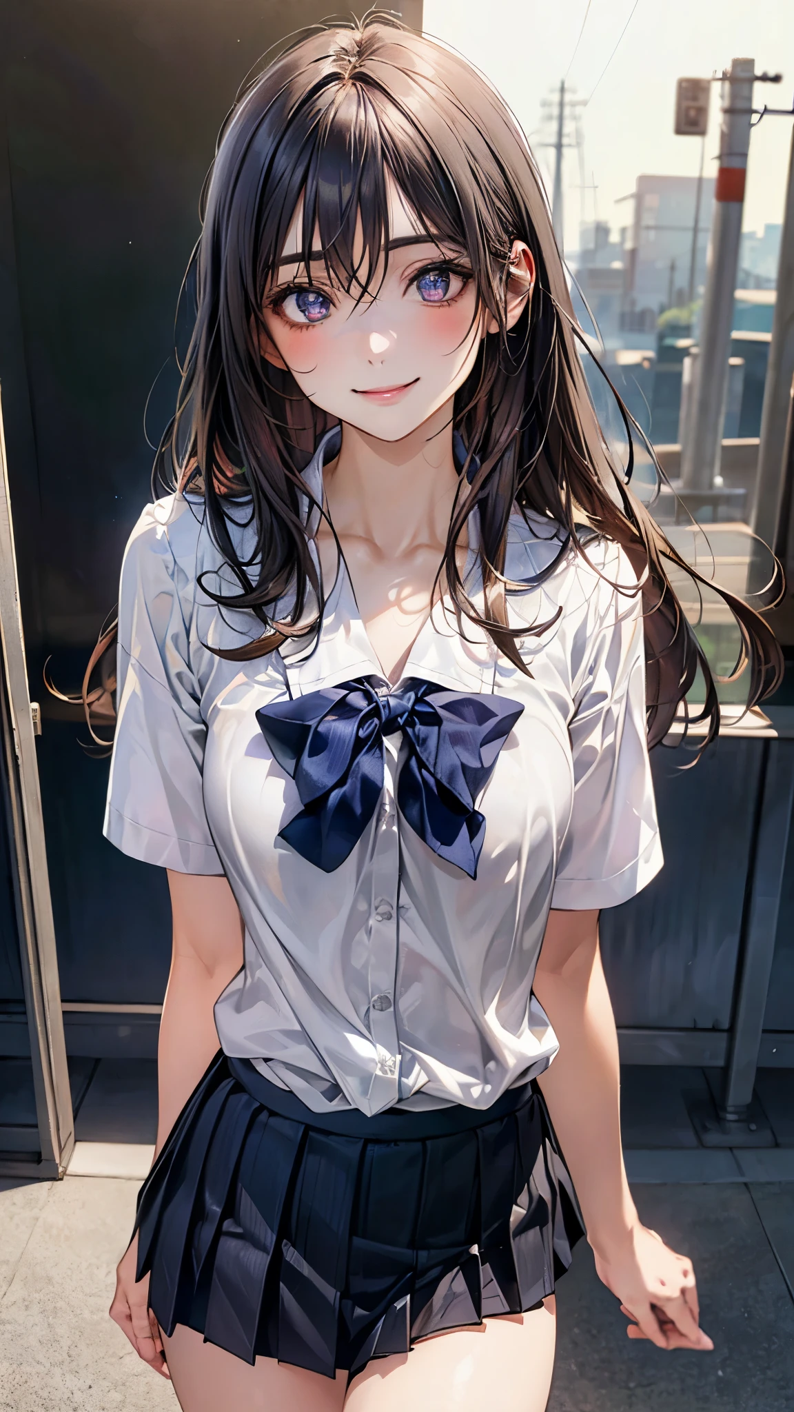 (masterpiece:1.2, top-quality), (realistic, photorealistic:1.4), beautiful illustration, (natural side lighting, movie lighting), nsfw, 
looking at viewer, 1 girl, japanese, high school girl, perfect face, cute and symmetrical face, shiny skin, 
(long hair:1.5, straight hair:1.4, grey hair), hair between eyes, purple eyes, glowing eyes, big eyes, long eye lasher, (medium breasts), slender, 
beautiful hair, beautiful face, beautiful detailed eyes, beautiful clavicle, beautiful body, beautiful chest, beautiful thigh, beautiful legs, beautiful fingers, 
((JP SCHOOL UNIFORM, white collared shirts, navy pleated mini skirt)), 
(beautiful scenery), evening, (school),, standing, (lovely smile, upper eyes), 