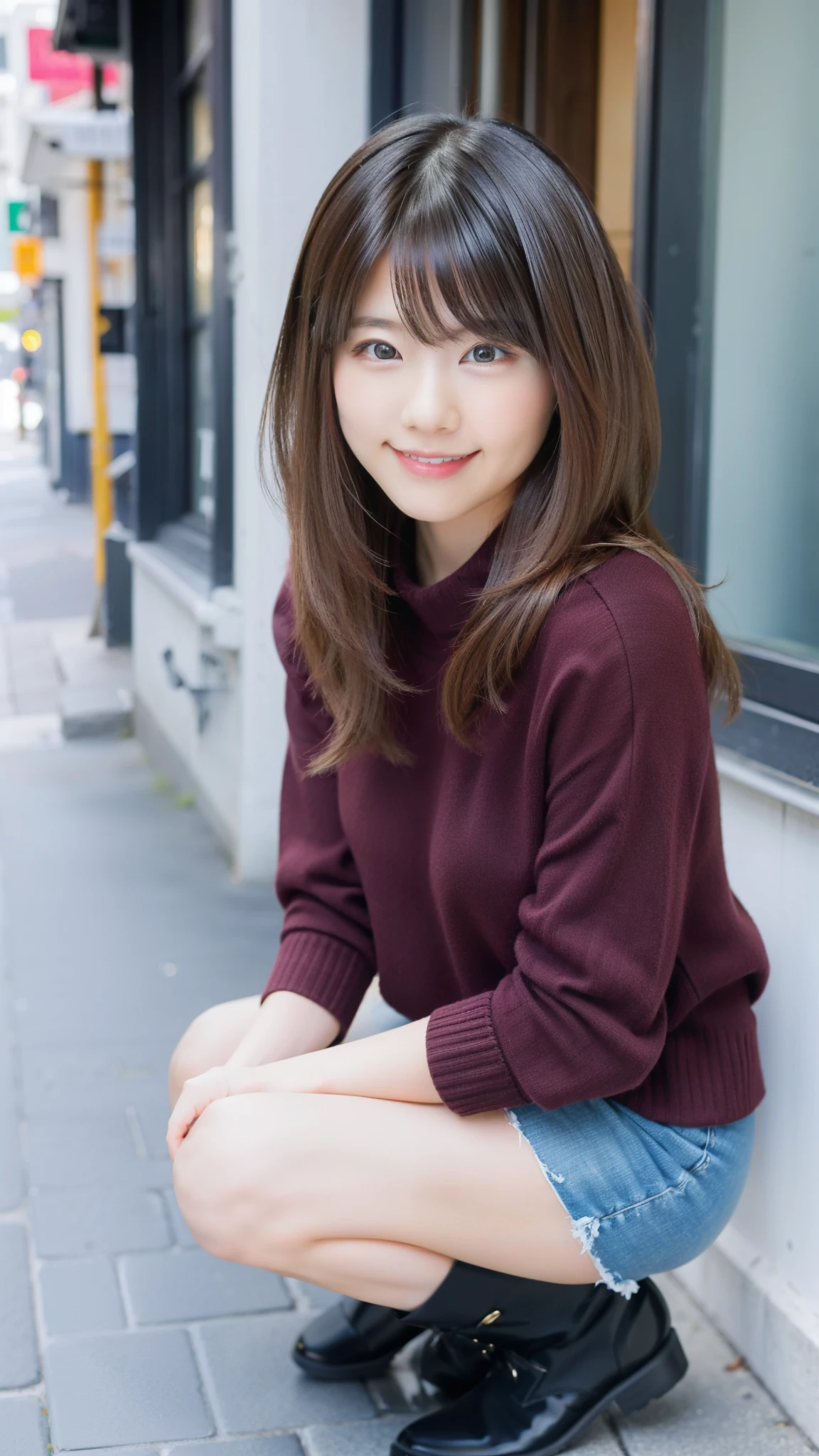 Photo taken by a professional photographer,laughter:1.5,Close-up of a 30-year-old Japanese woman squatting on the sidewalk, wearing a sweater, Short-cut brown hair, hair is disheveled,young and cute girl, Wearing a miniskirt:1.5,Wear stylish boots,Fancy makeup with red eyeshadow,Beautiful thighs are visible,Squatting with crotch open facing the front:1.5,I can see black panties:1.5,