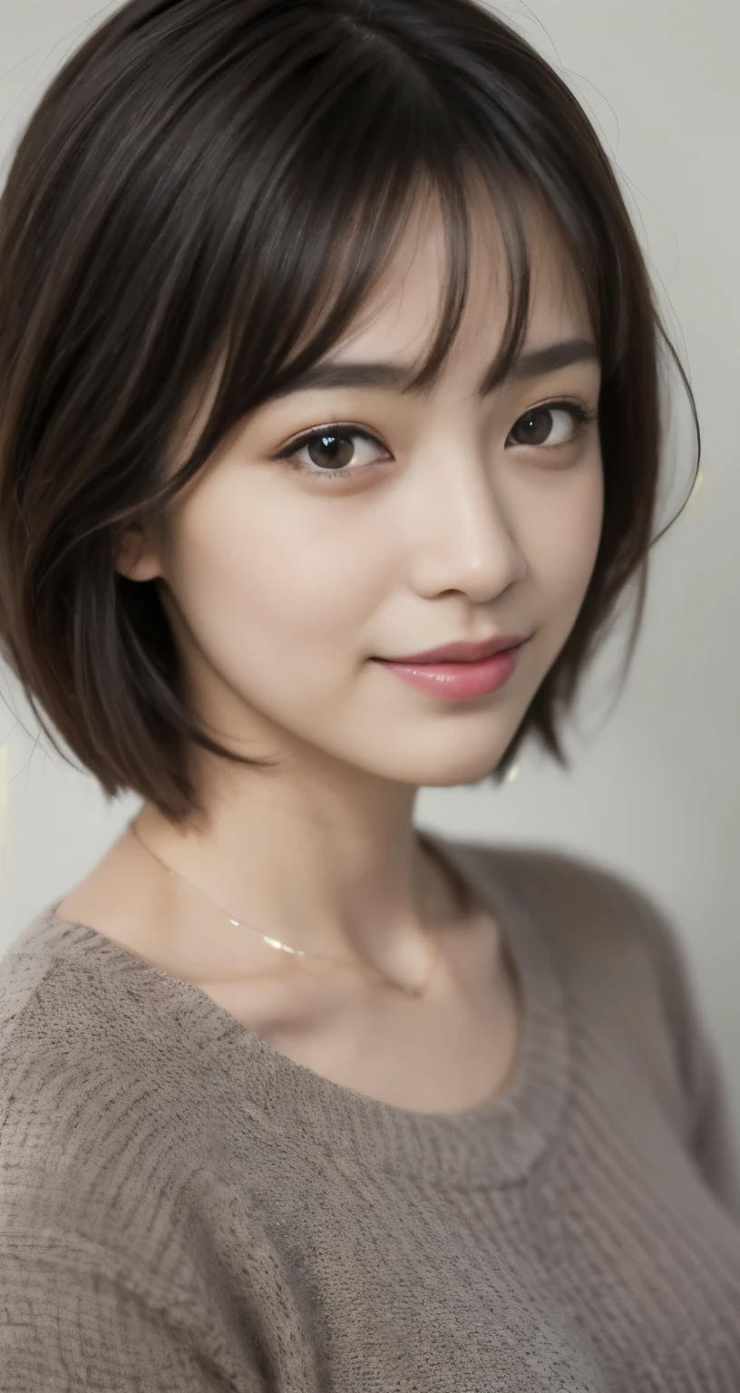(short hair:1.23), (30 year old woman),(nogizaka46), (masterpiece,surreal), (8KUHD), focus on face, (fractal art:1.23), beautiful and detailed eyes,natural lip,casual clothes,Uplifting,nice smile