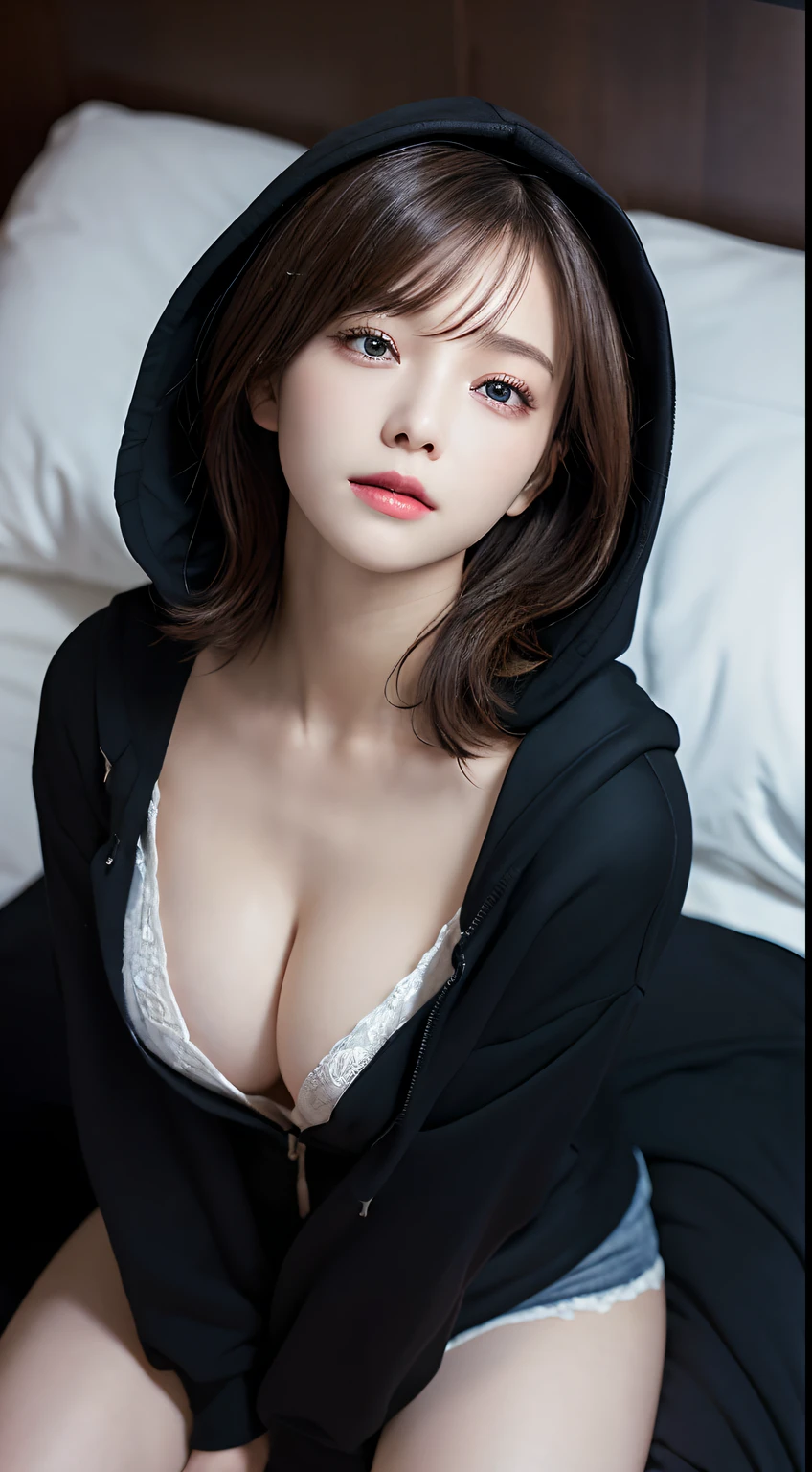 Innocent 20 year old girl、((Black hoodie with open chest,Open from chest to stomach,Wearing a hood,Dramatic poses)),Smile,short-cut,Bed background,Raw photo, (8K、top-quality、​masterpiece:1.2)、(intricate detailes:1.4)、(Photorealsitic:1.4)、octane renderings、Complex 3D rendering ultra detail, Studio Soft Light, Rim Lights, vibrant detail, super detailing, realistic skin textures, Detail Face, Beautiful detail eyes, Very detailed CG Unity 16k wallpaper, make - up, (detailedbackground:1.2), shinny skin, Full body、cleavage of the breast,((Sleep facing up、Angle looking down from above))