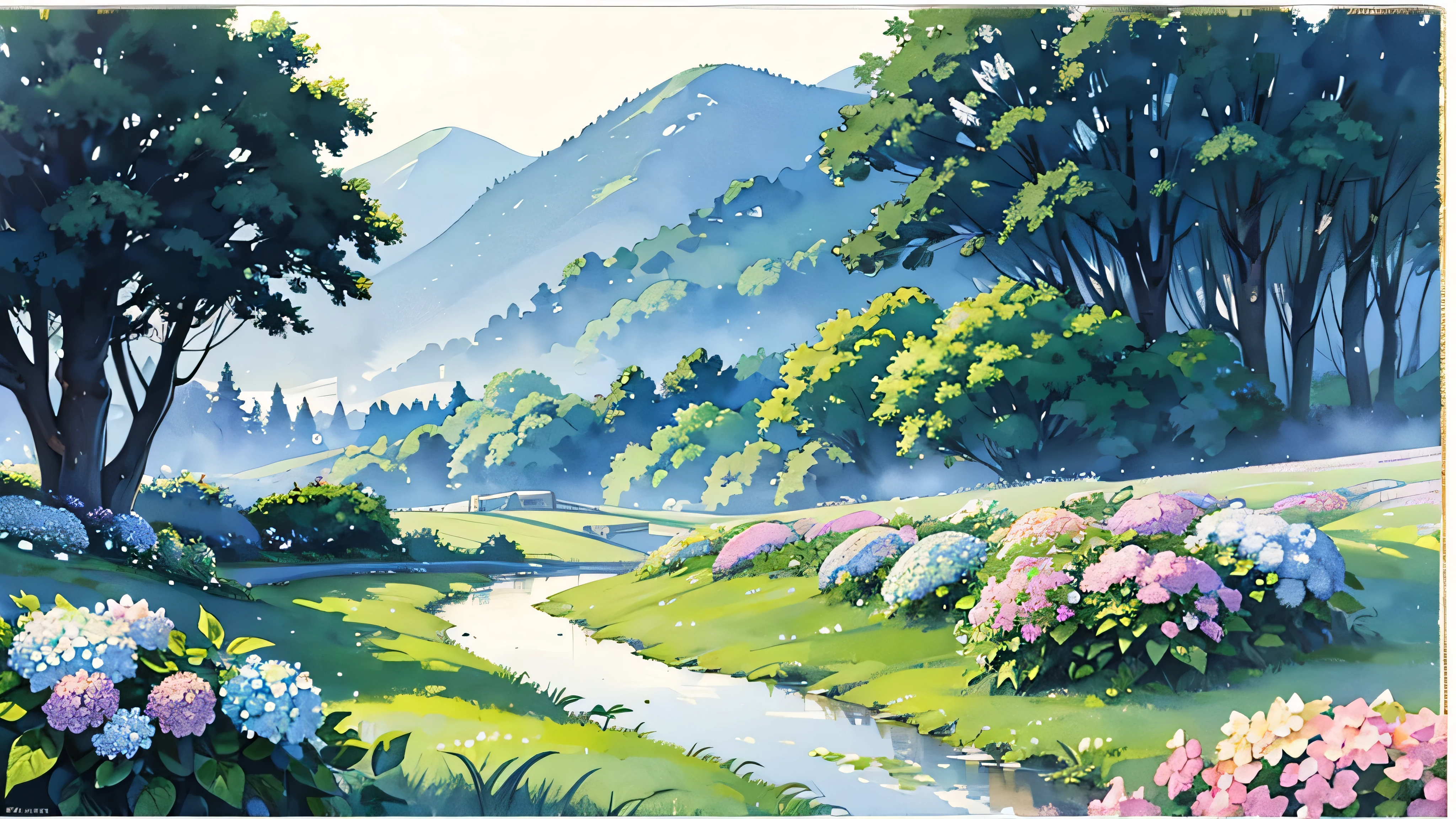 (Watercolor in Sargent style)、(top-quality、masterpiece)、Soft light、Countryside painted on a foggy morning、Create an ethereal scene in a calm morning misty meadow。Draw delicate and blurry brushwork、Capture the elusive nature of fog、Enhance the serene atmosphere of the countryside、Hydrangea, garden after the rain