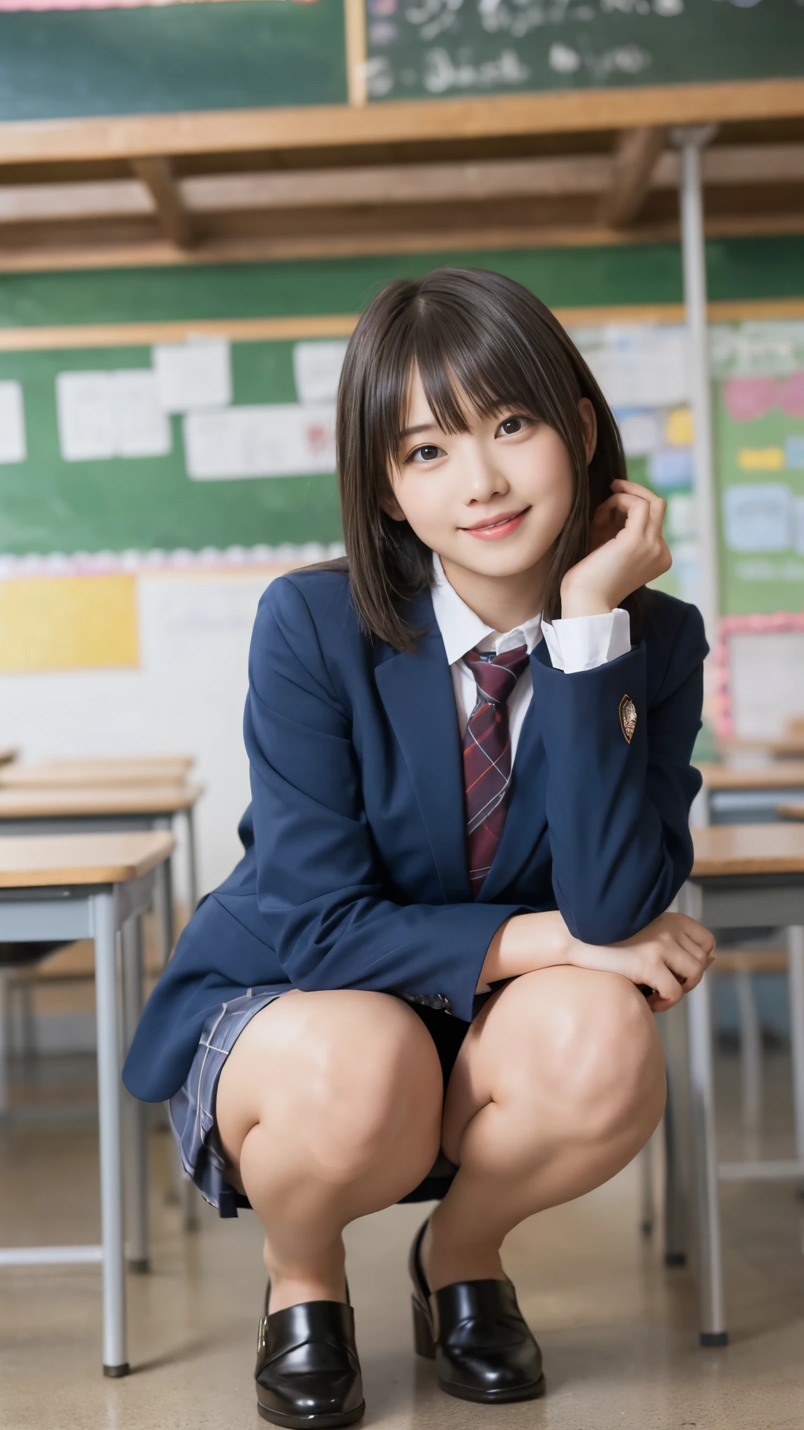 Girl Standing In School Classroom,red tie uniform,dark blue closed blazer,Blue plaid mini skirt,18-year-old,bangs,a little smile,thighs,knees,from below，random pose，pretty girl，slender girl，squatting down，