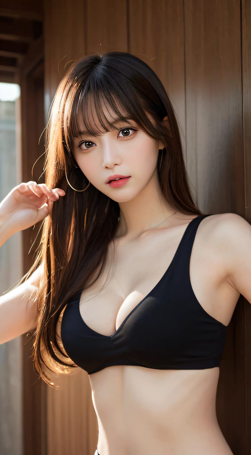masutepiece, Best Quality, Illustration, Ultra-detailed, finely detail, hight resolution, 8K Wallpaper, Perfect dynamic composition, Beautiful detailed eyes, Natural Lip, Tank Tops, Big breasts, cleavage, Full body, navel-baring, Random sexy poses