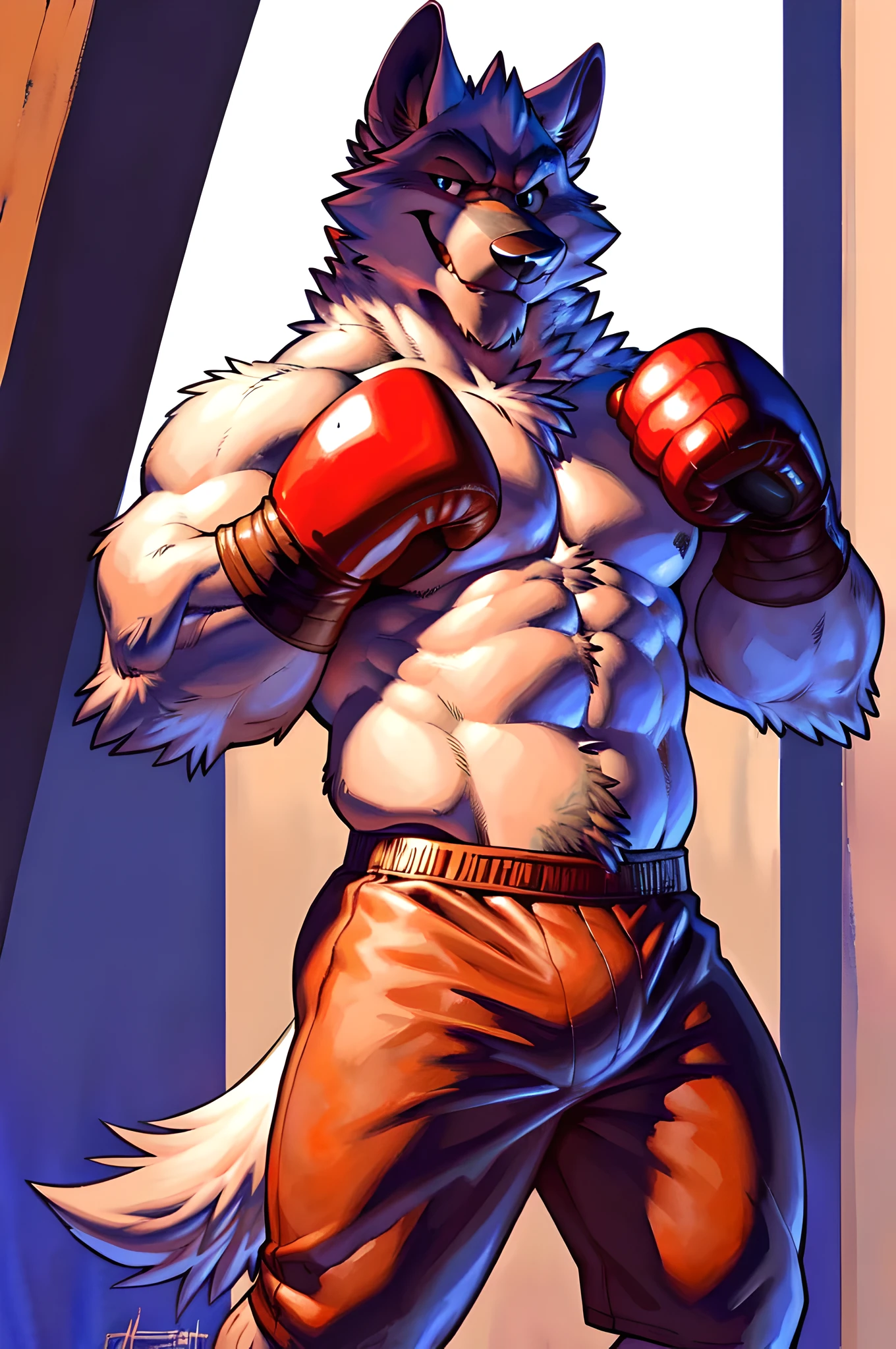 deathwolf. 4k, high resolution, best quality, detailed, posted on e621, solo, anthro body, older male, masculine:1, male, very masculine, very muscular, heavyweight, (correct anatomy):1, (bare torso:1.1), (boxing trunks:1.1), (detailed boxing gloves, correct boxing gloves:1.1), correct anatomy, (detailed eyes:1.2), sexy, (cel shaded:1.2), cartoony shading, (watercolors:1.2), strong shadows, confident, (vascular, veins:1.1), (full body):1, boxing pose, (by takemoto arashi, by meesh, by Taran Fiddler)
