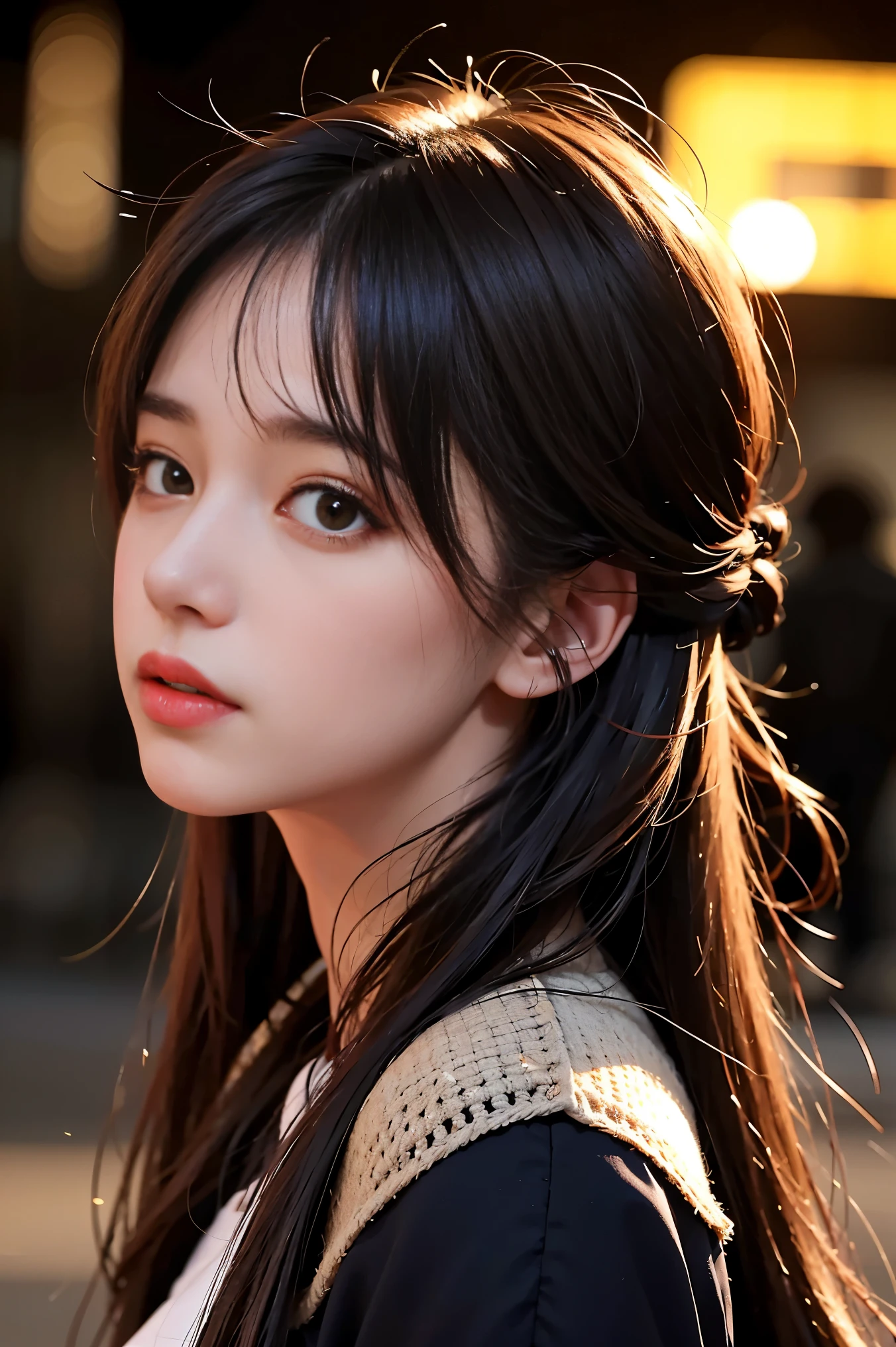 1 girl, street of fallen leaves,night, cityscape,sunset, Face 8K, RAW photo, highest quality, masterpiece,realistic, photo-realistic,Face slightly turned upwards，Girl in profile,Are crying,A melancholy landscape，autumn landscape，heart-broken，Tears flowing in my hair，The person&#39;s eyes are facing the photographer, and the person is on the left half.