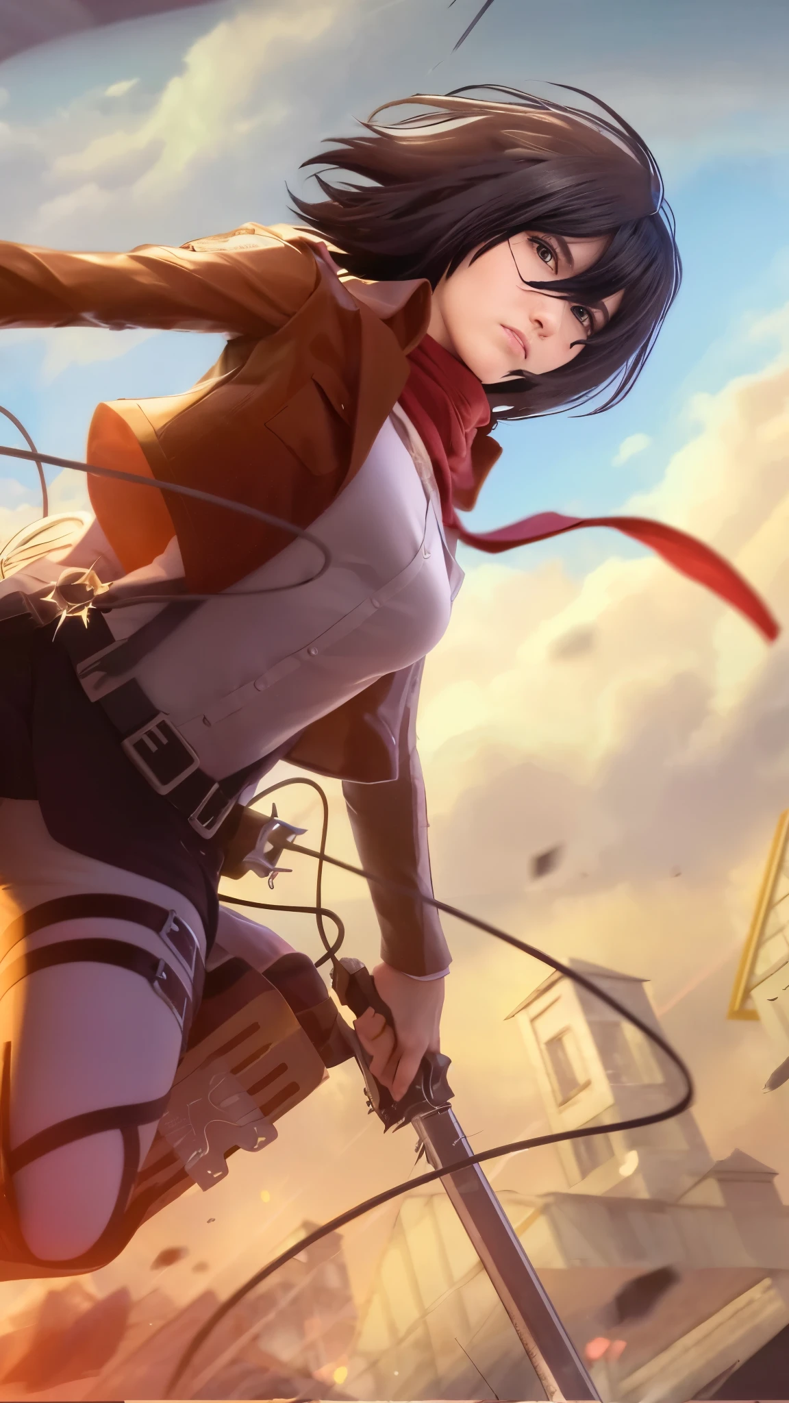 (8k, best quality, masterpiece:1.2), (realistic, photo-realistic:1.37), ultra-detailed, 1 girl, cute, solo, beautiful detailed sky, detailed cafe, night, sitting, dating, (nose blush), (smile:1.15), (closed mouth) small breasts, beautiful detailed eyes, (collared shirt:1.1), night, wet, business attire, rain, white lace, (short hair:1.2), floating hair NovaFrogStyle, cute face, Mikasa, Masterpiece, Best quality, A high resolution, Short hair, Black eyes, Scarf, emblem, belt, thigh band, Red scarf, White pants, Brown jacket, Long sleeves, holding weapon, sword, dual wielding, Three-dimensional electric gear, Arms spread wide, standing on one leg, Wide shot, sky, Highest quality, high resolution.