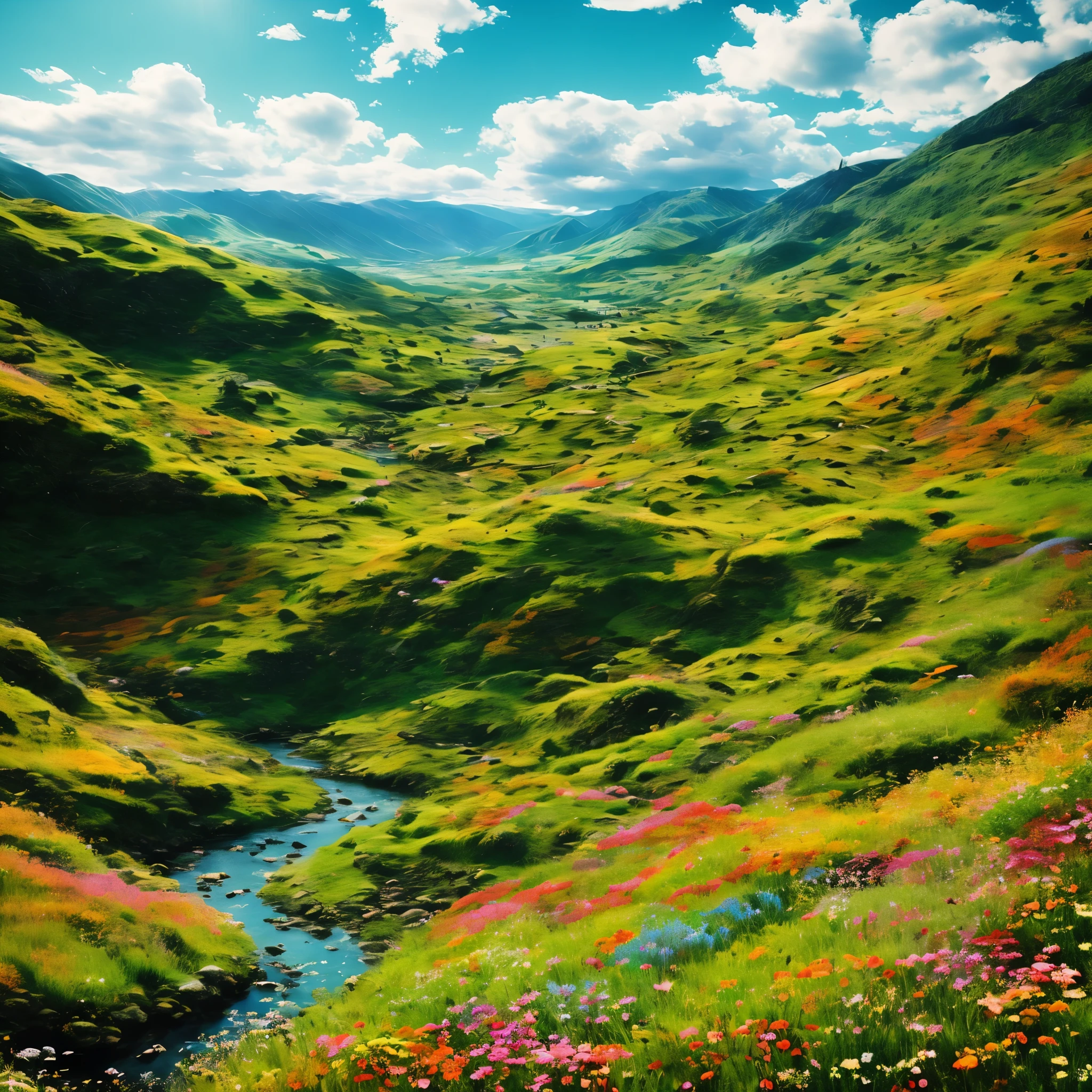 A scenic view of distant green mountains under clear blue skies, (intricate details:1.2), (lush greenery:1.1), flocks of birds flying gracefully in the sky, (hyperdetailed:1.1), adding an element of tranquility, there are butterflies all around, (life and color:1.1), a small winding river runs through the valley, (detailed texture:1.3), tussocks of grass dot the landscape, (realistic touch:1.1), with an array of vibrant flowers on the ground, completing the scene with a warm color palette, (pleasing to the eye:1.2), (high