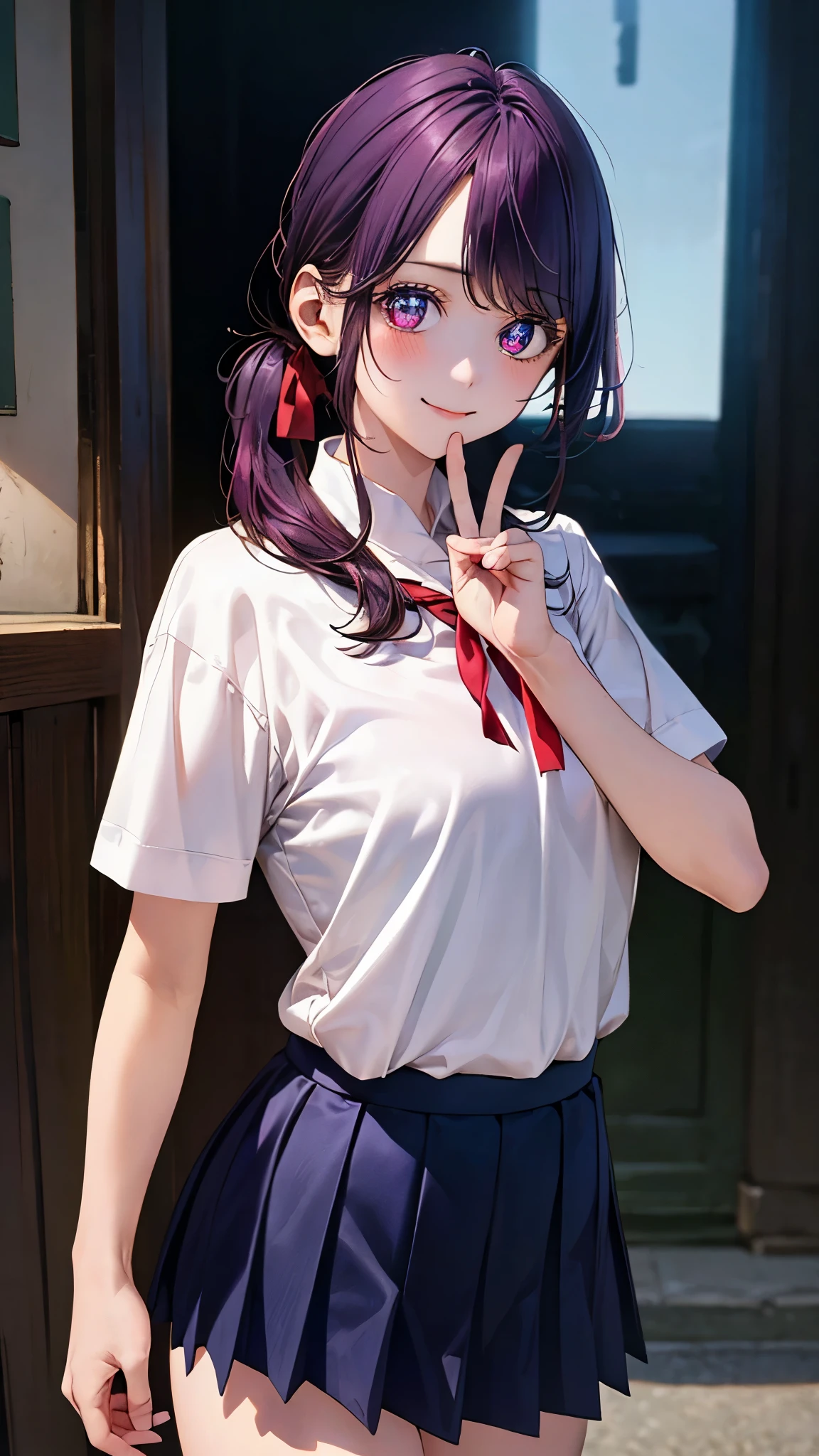 (masterpiece:1.2, top-quality), (realistic, photorealistic:1.4), beautiful illustration, (natural side lighting, movie lighting), 
looking at viewer, 1 girl, japanese,  high school girl, 12 yeaect face, cute and symmetrical face, shiny skin, 
(long hair, side ponytail, purple hair), swept bangs, purple eyes, big eyes, long eye lasher, (medium breasts:0.7), 
beautiful hair, beautiful face, beautiful detailed eyes, beautiful clavicle, beautiful body, beautiful chests, beautiful thigh, beautiful legs, beautiful fingers, 
((detailed cloth texture, short sleeve collared white shirt, navy pleated skirt, red neck ribbon)), 
(beautiful scenery), evening, (school), standing, peace sign, (cute, lovely smile, upper eyes),