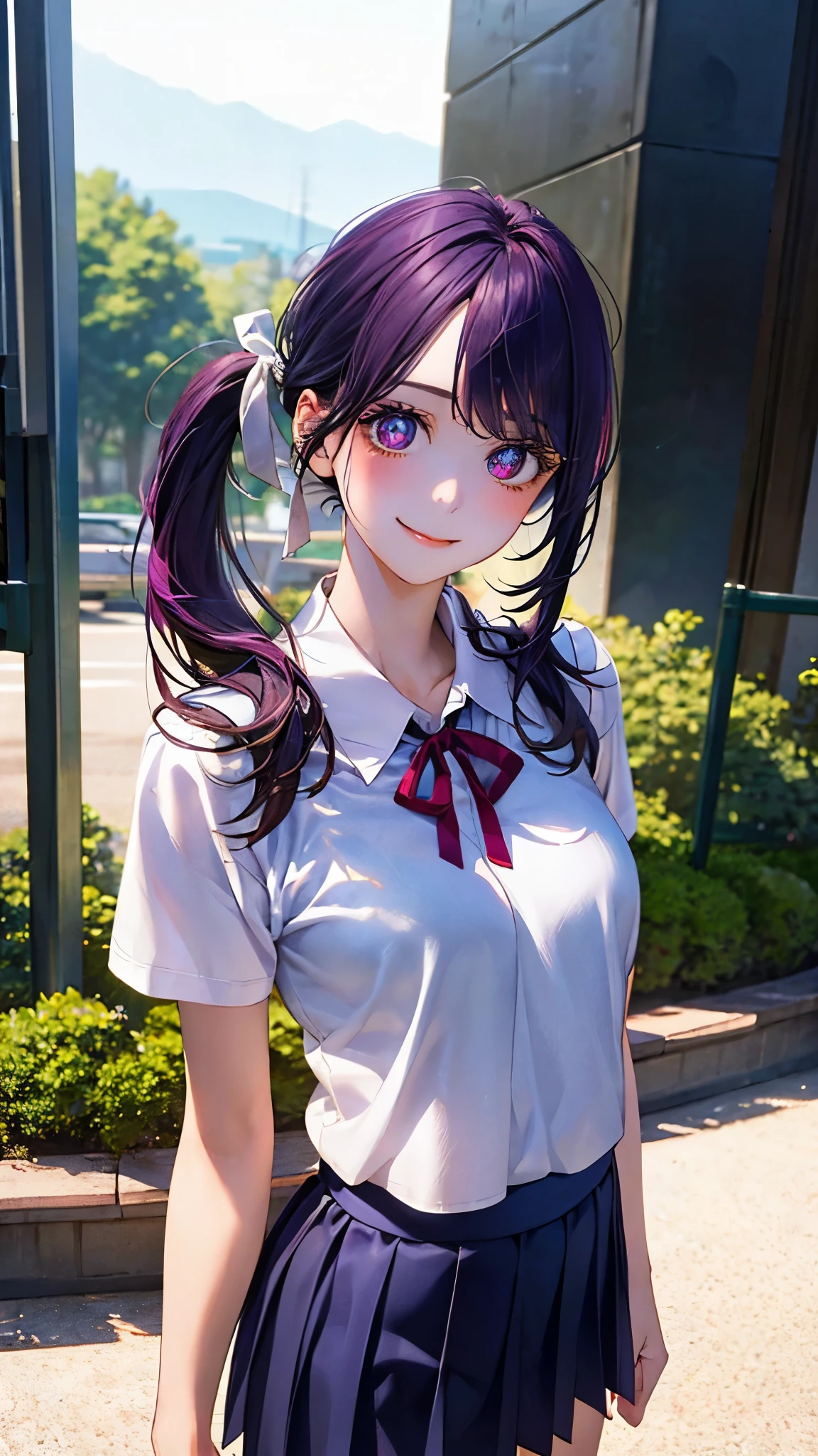 (masterpiece:1.2, top-quality), (realistic, photorealistic:1.4), beautiful illustration, (natural side lighting, movie lighting), 
looking at viewer, 1 girl, japanese, junior high school girl, 12 years old, perfect face, cute and symmetrical face, shiny skin, 
(long hair, side ponytail, purple hair), swept bangs, purple eyes, big eyes, long eye lasher, (medium breasts:0.7), 
beautiful hair, beautiful face, beautiful detailed eyes, beautiful clavicle, beautiful body, beautiful chests, beautiful thigh, beautiful legs, beautiful fingers, 
((detailed cloth texture, short sleeve collared white shirt, navy pleated skirt, red neck ribbon)), 
(beautiful scenery), evening, (school), standing, peace sign, (cute, lovely smile, upper eyes),