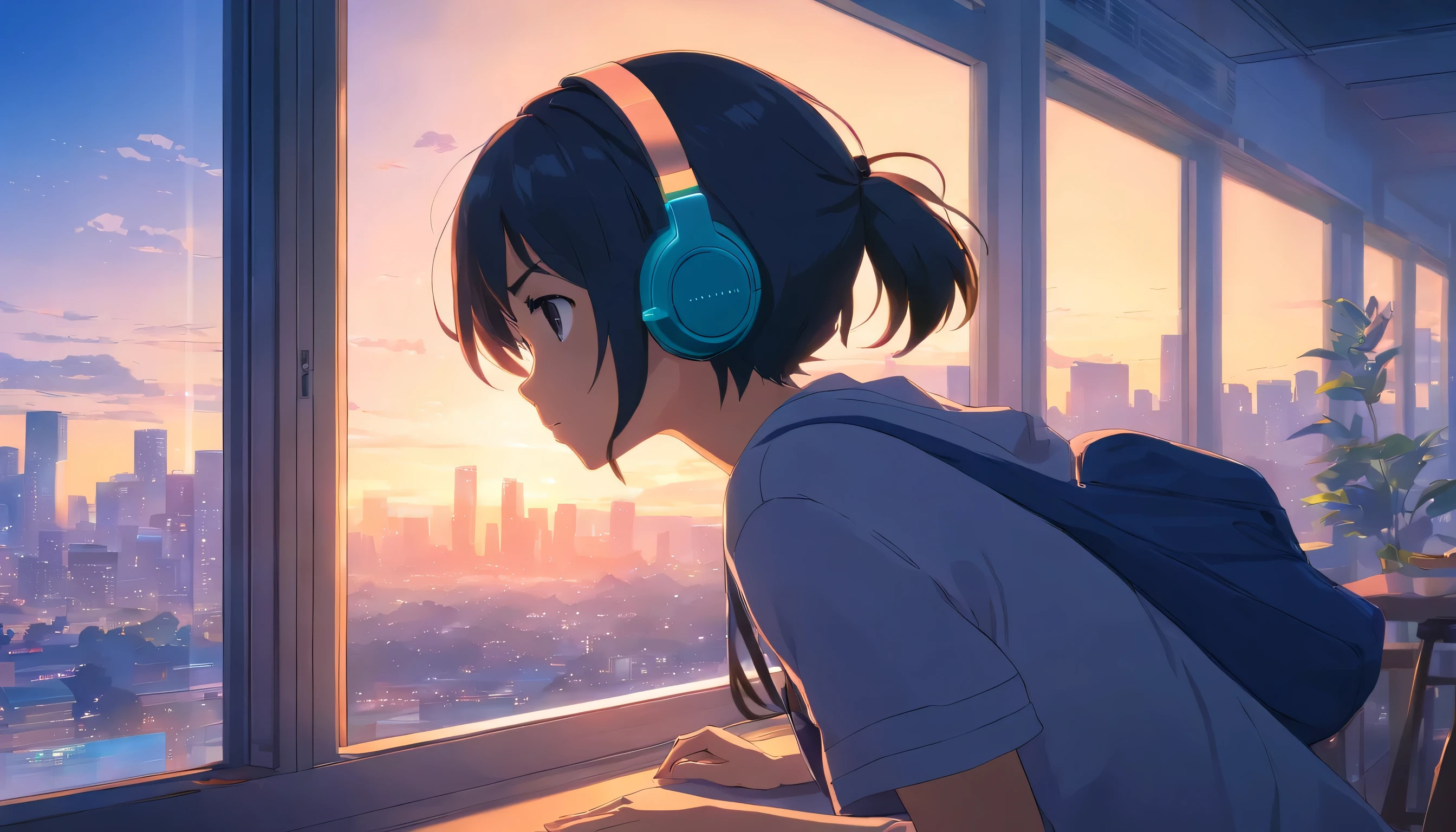 Anime girl wearing headphones is looking at the city outside the window, lofi girl, anime atmosphere, Lofiatostyle, anime style 4k, anime aesthetics, Nightcore, lofi feeling, Lofiato, anime art wallpaper 4k, anime art wallpaper 4k, anime wallpaper 4k, anime wallpaper 4k, Lo-fi atmosphere