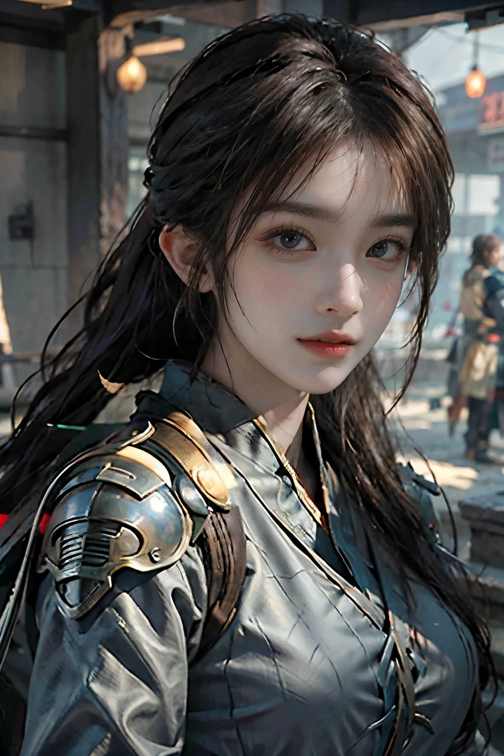 Game art，The best picture quality，Highest resolution，8K，(A bust photograph)，(Portrait)，(Head close-up:1.5)，(Rule of thirds)，Unreal Engine 5 rendering works， (The Girl of the Future)，(Female Warrior)， 
20岁少女，((Hunter))，An eye rich in detail，(Big breasts)，优雅高贵，冷漠，勇敢的，
（Medieval-style fur combat clothing，Glowing magic lines，Animal skin clothing with rich details），Medieval Lady Knight，Medieval ranger，
拍照姿势，简单背景，Movie lights，Ray tracing，Game CG，((3D Unreal Engine))，oc渲染反射纹