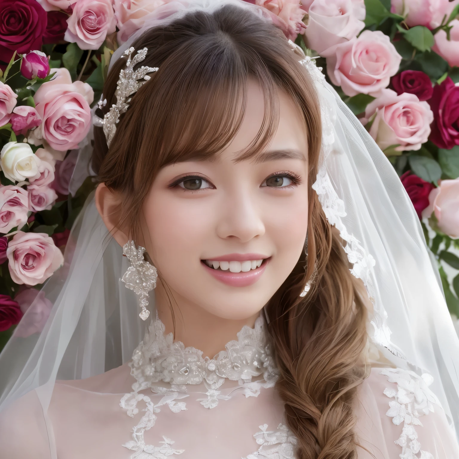 (pieces fly、highest quality、8K、very detailed and intricate details、The most complex and detailed textures、ultra high resolution)、(Beautiful woman in wedding dress:1.2)、(close up of the bride:1.1)、perfect gas chamber、the best smile when you look at me、highest qualityの巨大なティアラ、highest qualityの巨大なネックレス、(giant rose arch:1.3)、(surrounded by many roses:1.5)、(bride filled with lots of roses:1.5)、surrounded by flowers、(花嫁 surrounded by lots of pink and white roses:1.2)、detailed background